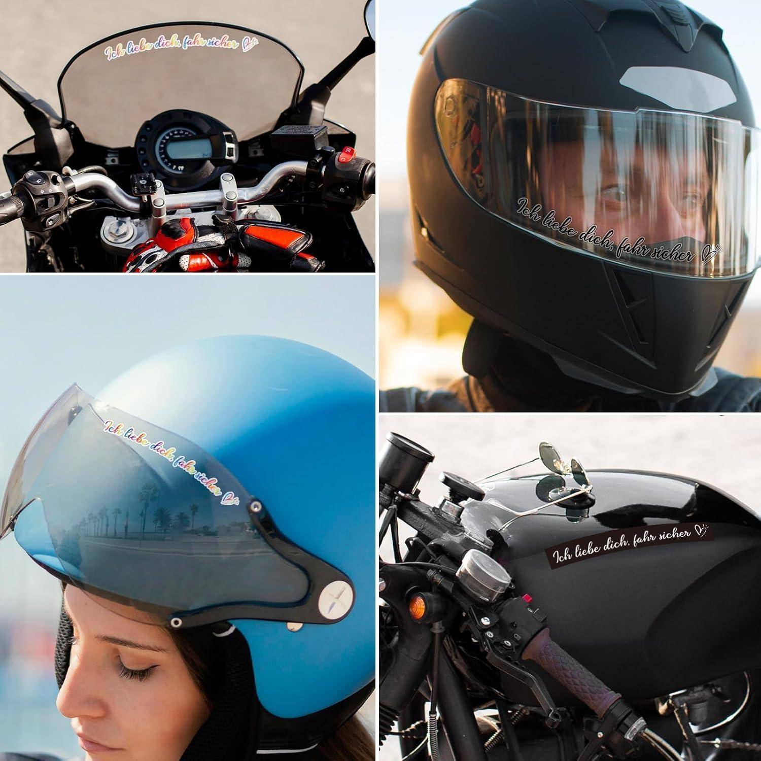 Collage von Motorradhelmen und einem Motorrad-Cockpit; jedes Visier hat eine Kursivschrift-Aufschrift in Deutsch und zeigt die Helme aus verschiedenen Blickwinkeln in Gebrauch.
