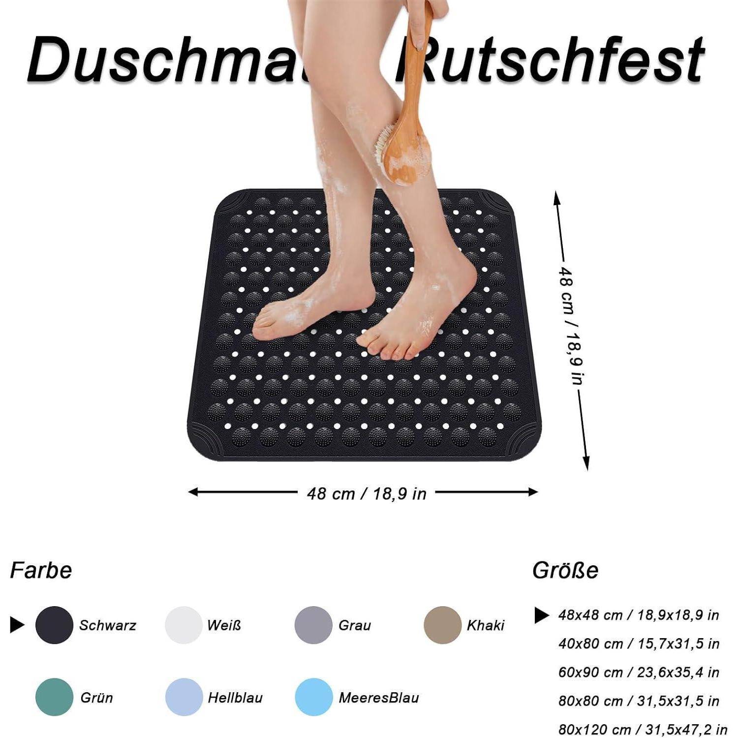 Produktbild einer quadratischen rutschfesten Duschmatte mit der Bezeichnung „Duschmatte Rutschfest", darauf eine Person stehend dargestellt, mit einer Größe von 48 cm x 48 cm; darunter aufgelistete Farboptionen.