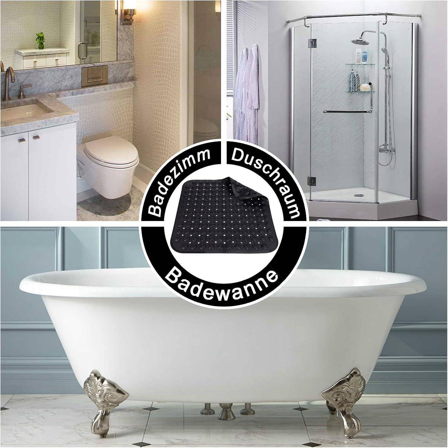 Collage mit einem Badezimmer, einer Dusche und einer Badewanne mit einer schwarzen strukturierten Antirutschmatte, beschriftet mit „Badezimmer", „Duschraum"" und „Badewanne"".