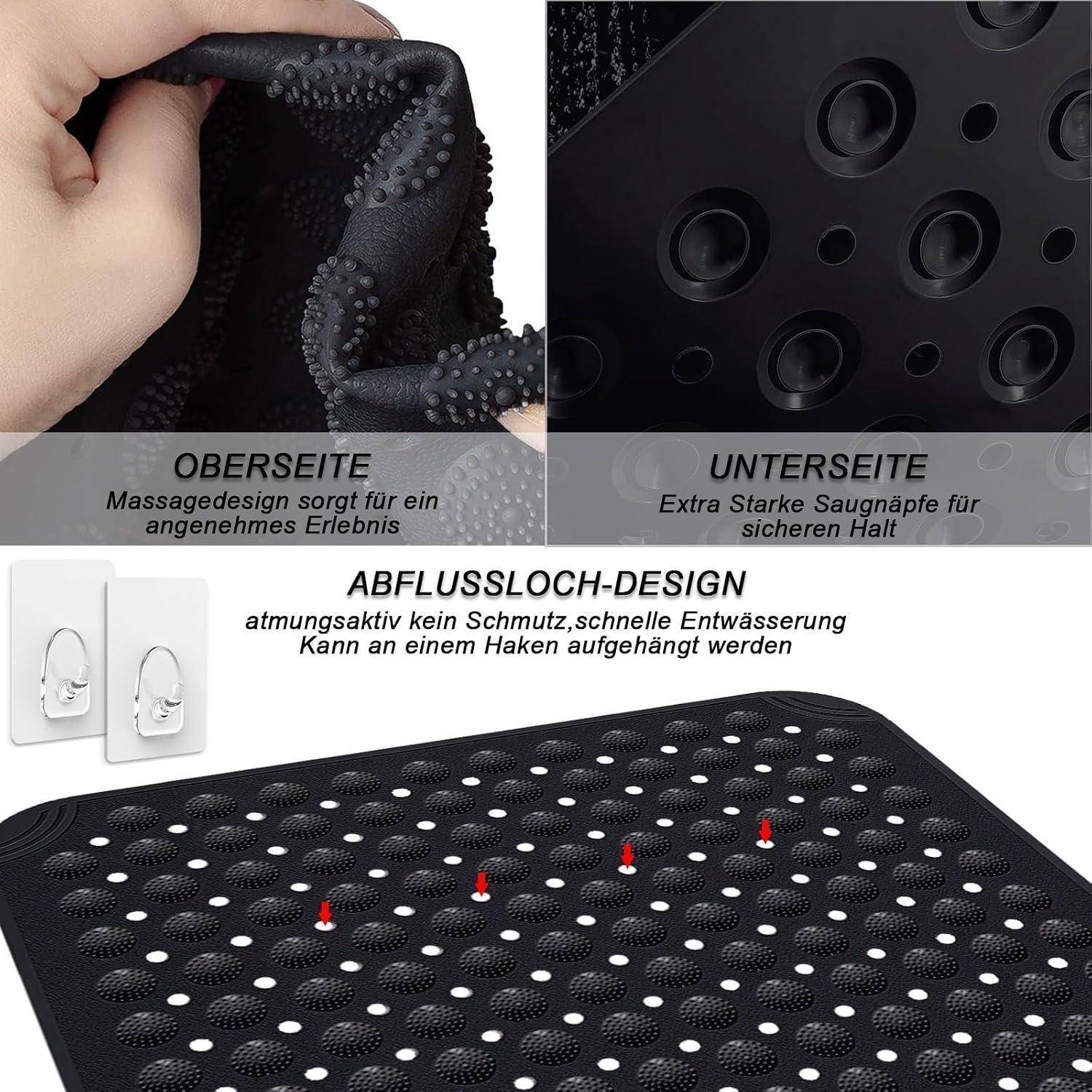 Schwarze rutschfeste Badezimmermatte mit Saugnäpfen und Entwässerungslöchern; Nahaufnahmen zeigen strukturierte Massageoberseite, griffige Unterseite und Aufhängehaken-Design.