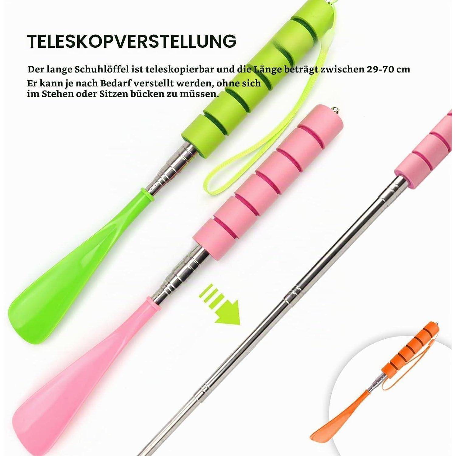 Bild zeigt teleskopische langgestielte Schuhanzieher in Grün, Rosa und Orange; Text besagt verstellbare Länge 29-70 cm für bückenfreie Verwendung im Stehen oder Sitzen.