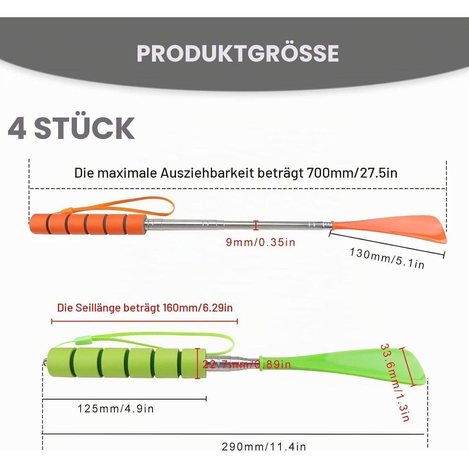 Produktgrößendiagramm für 4-teiliges Werkzeugsatz, das maximale ausziehbare Länge von 700 mm, Schaft 9 mm, Klinge 130 mm und ein zweites Werkzeug 290 mm lang mit 160 mm Kabel und 125 mm Griff zeigt.