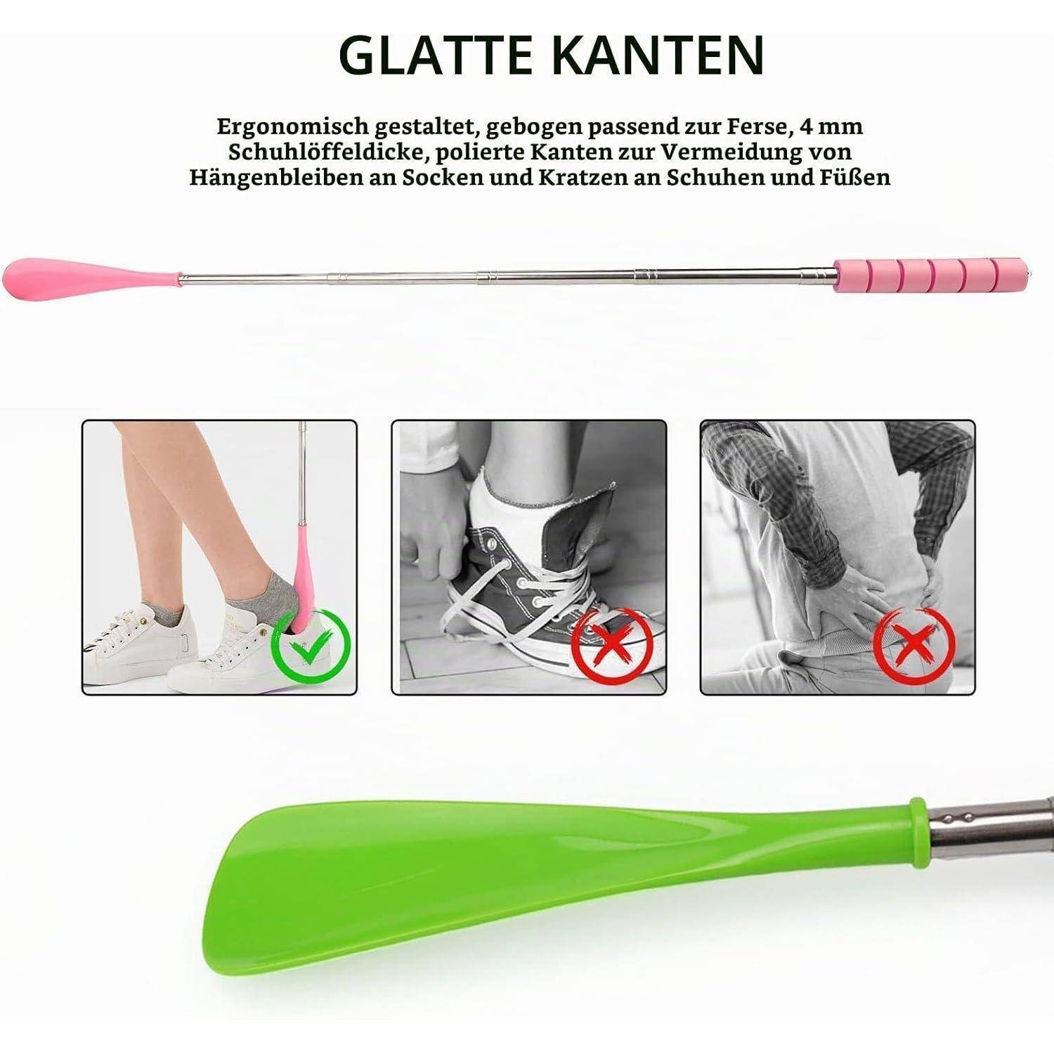 Schuhanziher mit glattem, gebogenem Rand und langem Griff; eingesetzte Fotos zeigen seine Hilfe beim Anziehen von Schuhen und vermeiden Beugen, Quetschen und Fußbelastung.