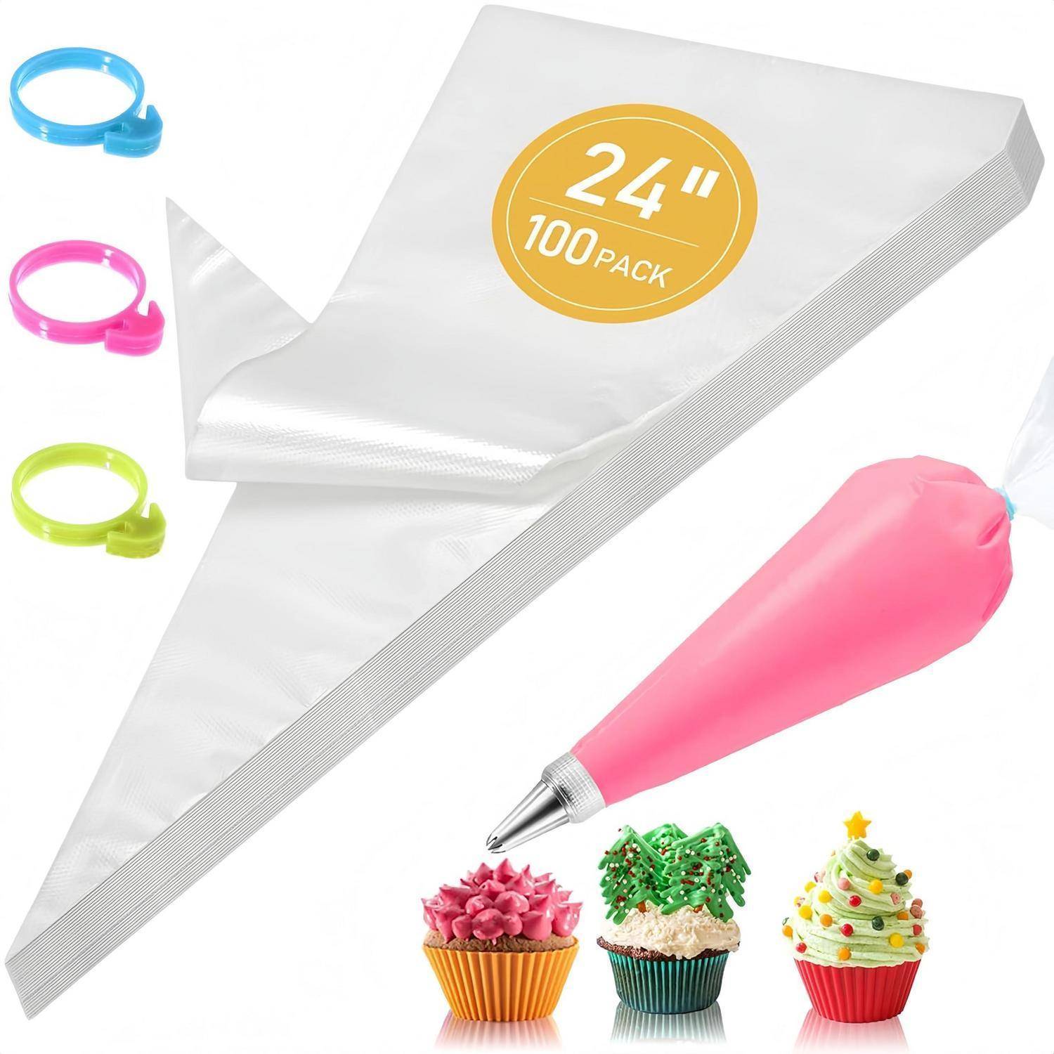 Spritzbeutel-Set mit 24-Zoll-Einweg-Spritzbeuteln, drei Spritzvorsätzen und rosafarbener Spritztülle zum Verzieren von Torten und Cupcakes.