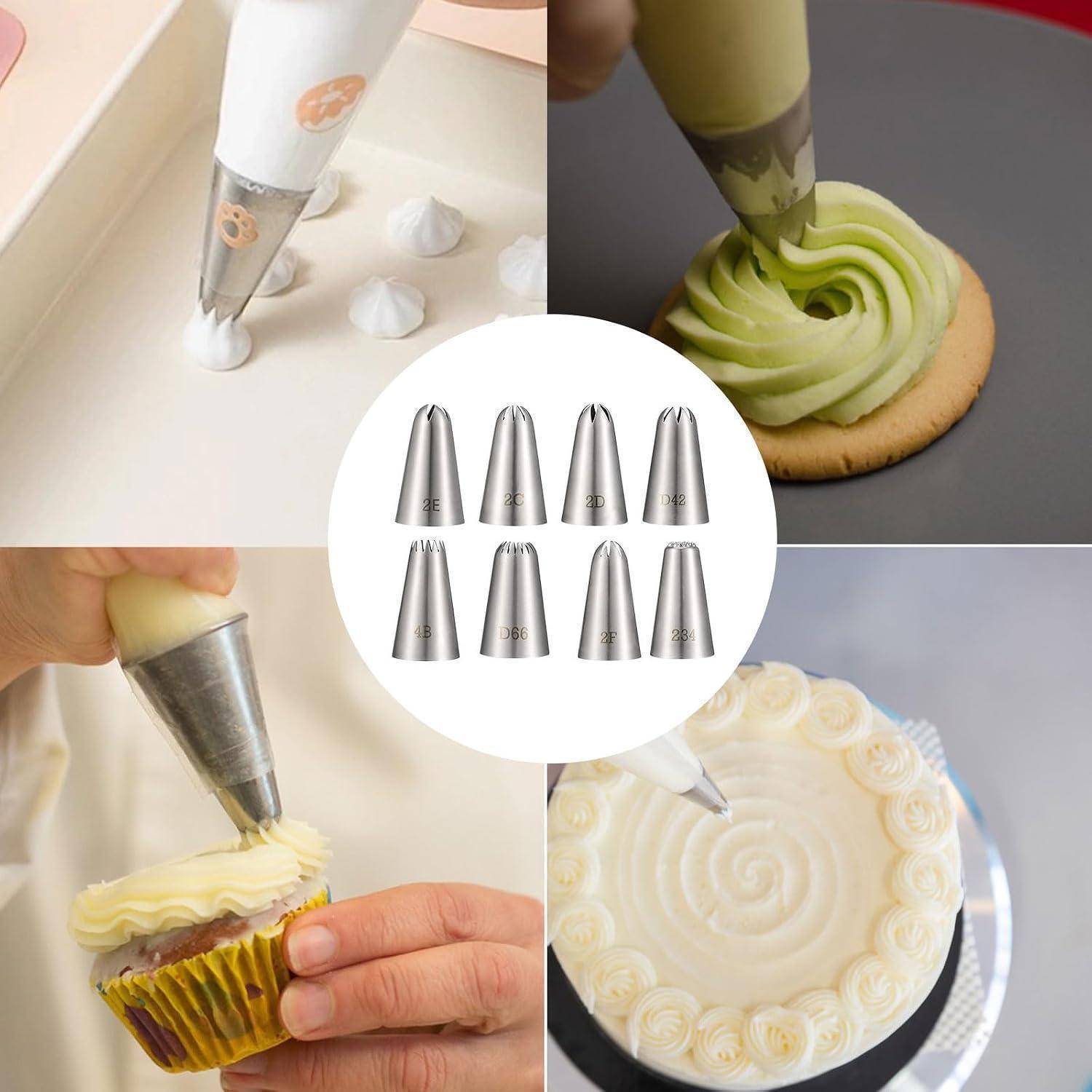 Collage mit Spritzbeutelaufsätzen zur Dekoration von Cupcakes und einer runden Torte mit Wirbeln und Rosetten; die Bildmitte zeigt acht Metalldüsenformen.
