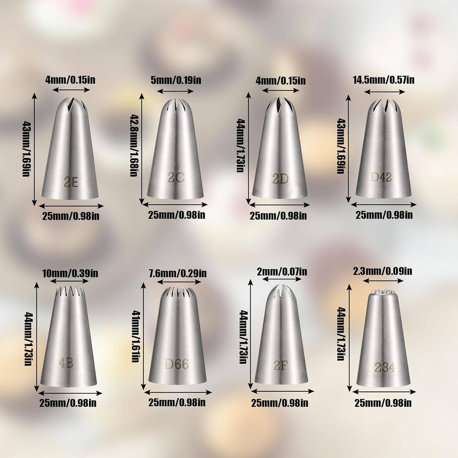 Diagramm von acht Metallrohr-Düsen, die Größen und Codes zeigen, jeweils etwa 25mm breit und 41-43mm hoch, mit oberen Öffnungen von 2mm bis 14,5mm.