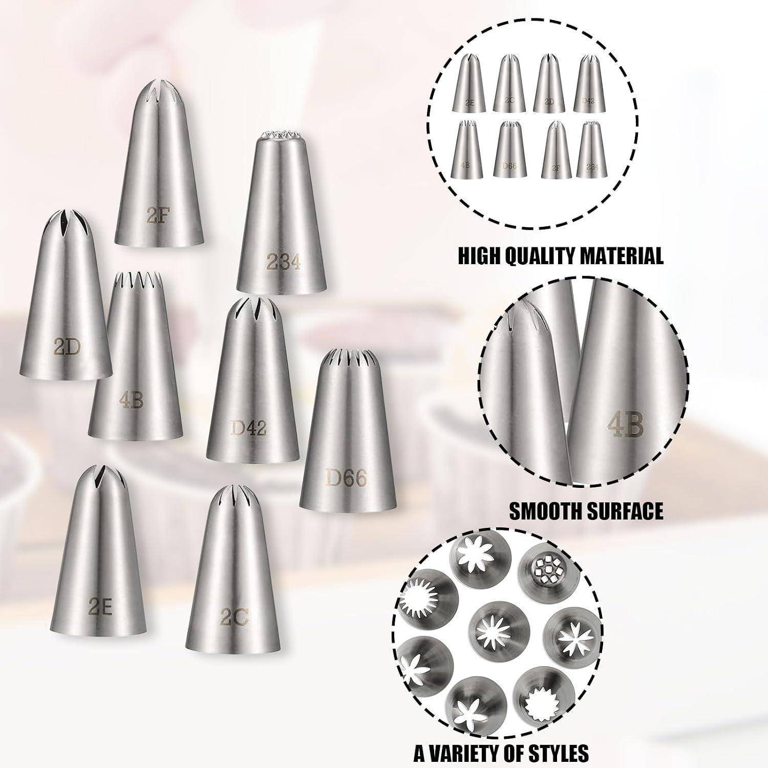 Infografik von Metallrohr-Spitzenaufsätzen mit den Größen 2F, 2D, 4B, D42, D66, 2E, 2C, sowie Nahaufnahmen mit den Beschriftungen „Hochwertiges Material