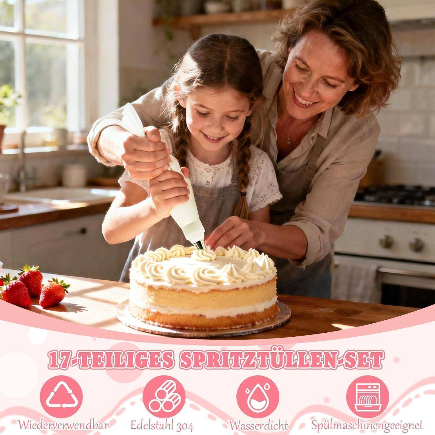 Mutter und Tochter dekorieren einen Kuchen in einer Küche mit einer Spritztüte; Produktanzeige darunter lautet „17-TEILIGES SPRITZTÜLLEN-SET