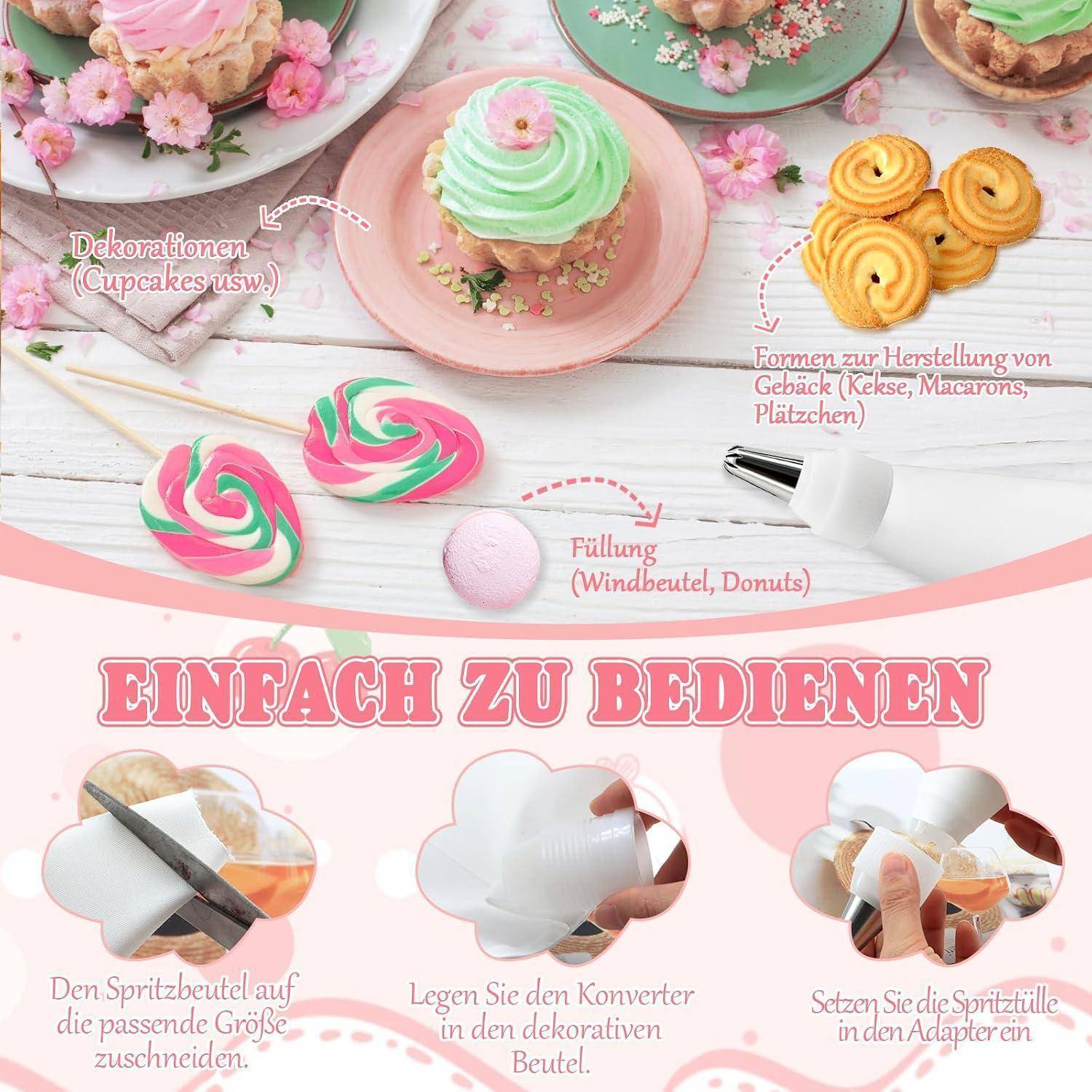 # Backen-Grafik mit Spritzbeuteln, Verzierungsspitzen und Formen für Cupcakes, Kekse, Makronen, Donuts und Süßigkeiten, mit der Überschrift 