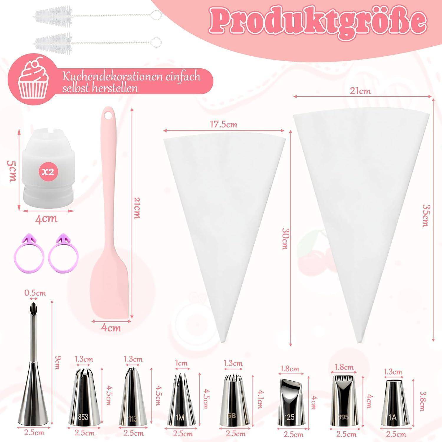 Diagramm von Kuchendekorationswerkzeugen und Produktgrößen, das einen rosa Spatel, einen Spritztüllensatz, einen Adapter und Spritzbeutel mit beschrifteten Abmessungen in Zentimetern zeigt.