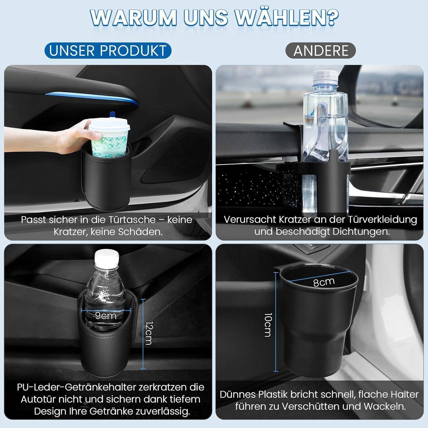 Vergleichsgrafik zum Getränkehalter: Unser Produkt passt in die Autotürablage ohne Kratzer zu verursachen; andere können die Verkleidung zerkratzen, Dichtungen beschädigen, verschütten oder kaputt gehen.