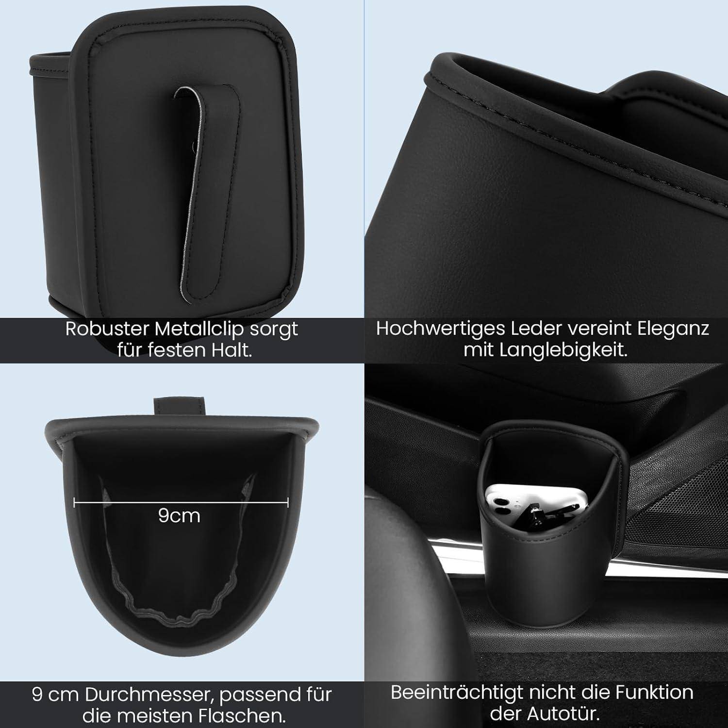 Schwarzes Ledertäschchen mit Metallclip für Autosicherheitsgurt-Schnalle; 9 cm breit, passt auf die meisten Fahrzeuge, in Nahaufnahme und auf einem Sitz montiert dargestellt.