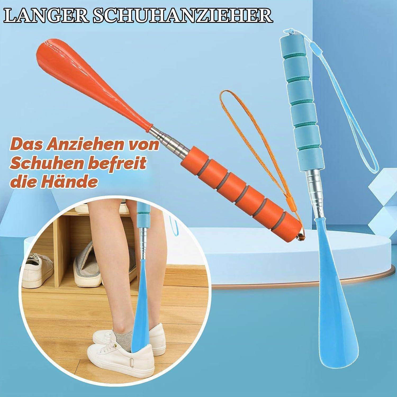 Werbung für einen langstieligen Schuhanzieher, der zwei farbenfrohe Versionen zeigt und eine Person, die damit mühelos Schuhe anzieht; der deutsche Text besagt, dass er hilft, Schuhe ohne Hände anzuziehen.