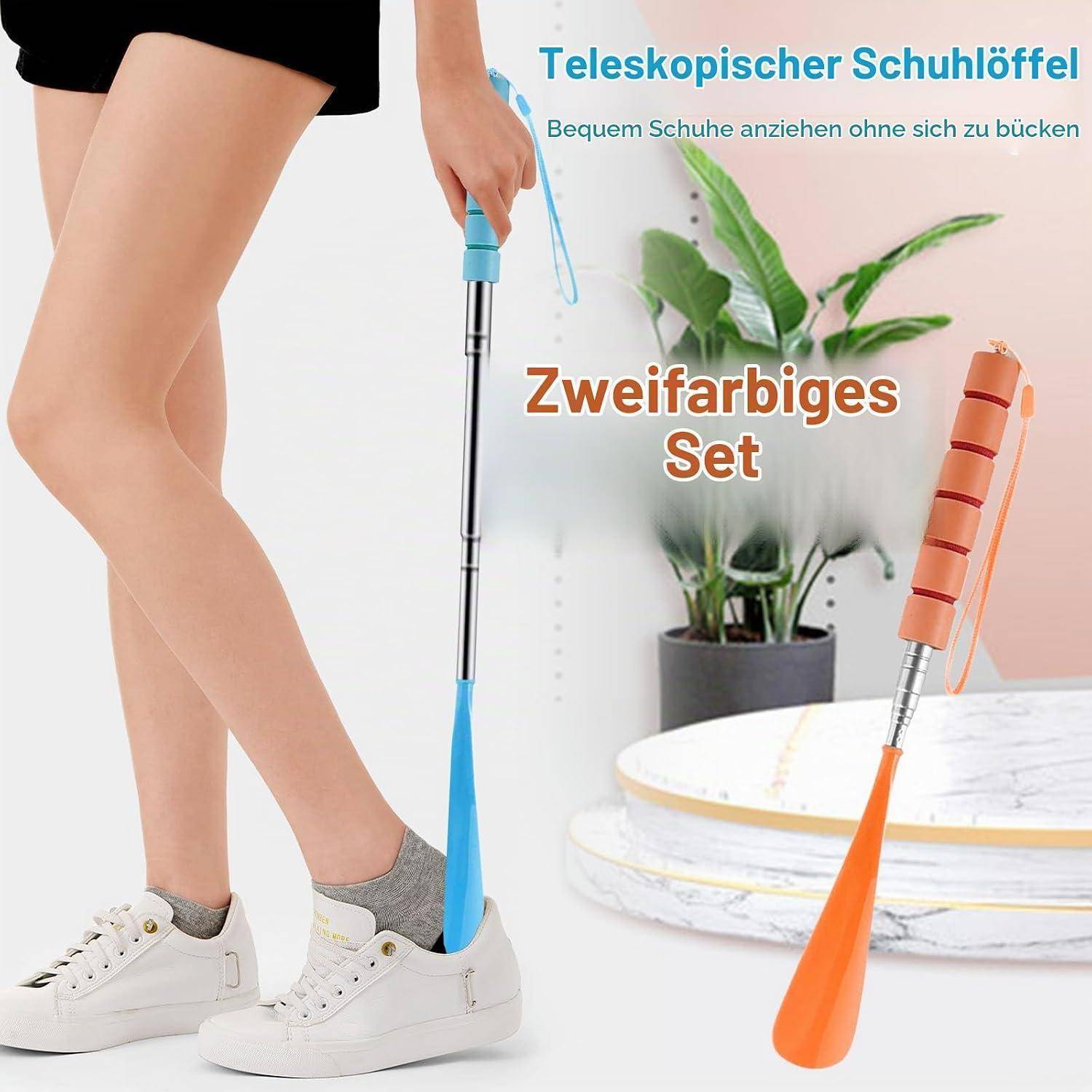 Werbebild eines teleskopischen Schuhanzieher in zwei Farben, das eine Person zeigt, die Schuhe anzieht, sowie den Text „Teleskopischer Schuhlöffel
