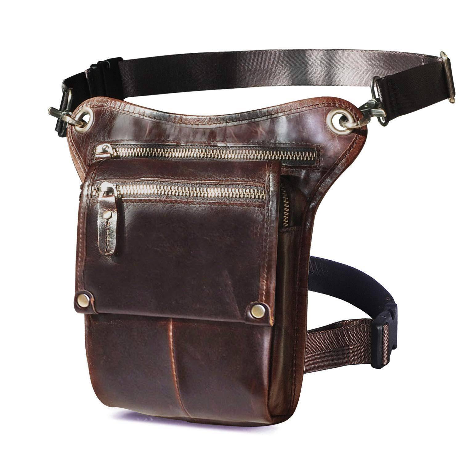 Braune Ledertasche für die Taille mit verstellbaren Riemen und mehreren Reißverschlusstaschen, auf weißem Hintergrund dargestellt.