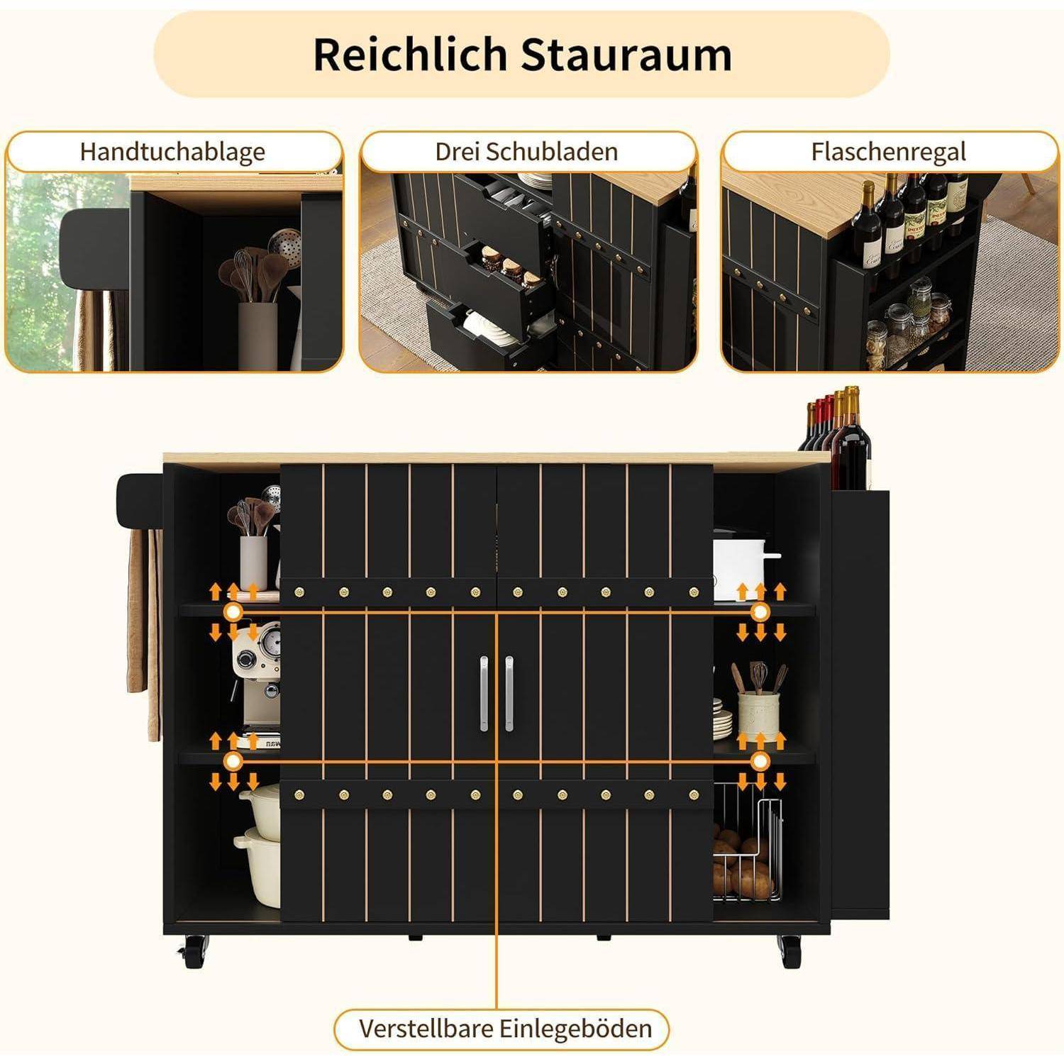 Schrank mit Diagramm mit der Bezeichnung „Reichlich Stauraum" mit Handregal, drei Schubladen, Flaschenständer und verstellbaren Regalen.