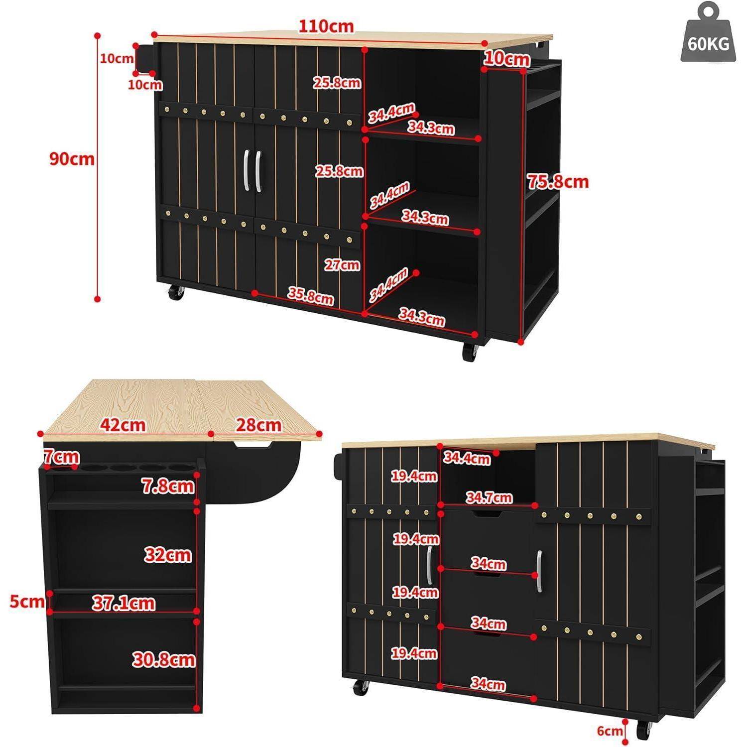 Schwarzer fahrbarer Schrank mit Holzplatte, Vorder- und Seitenansicht mit beschrifteten Abmessungen; 110 cm breit, 90 cm hoch, 60 kg Tragfähigkeit.