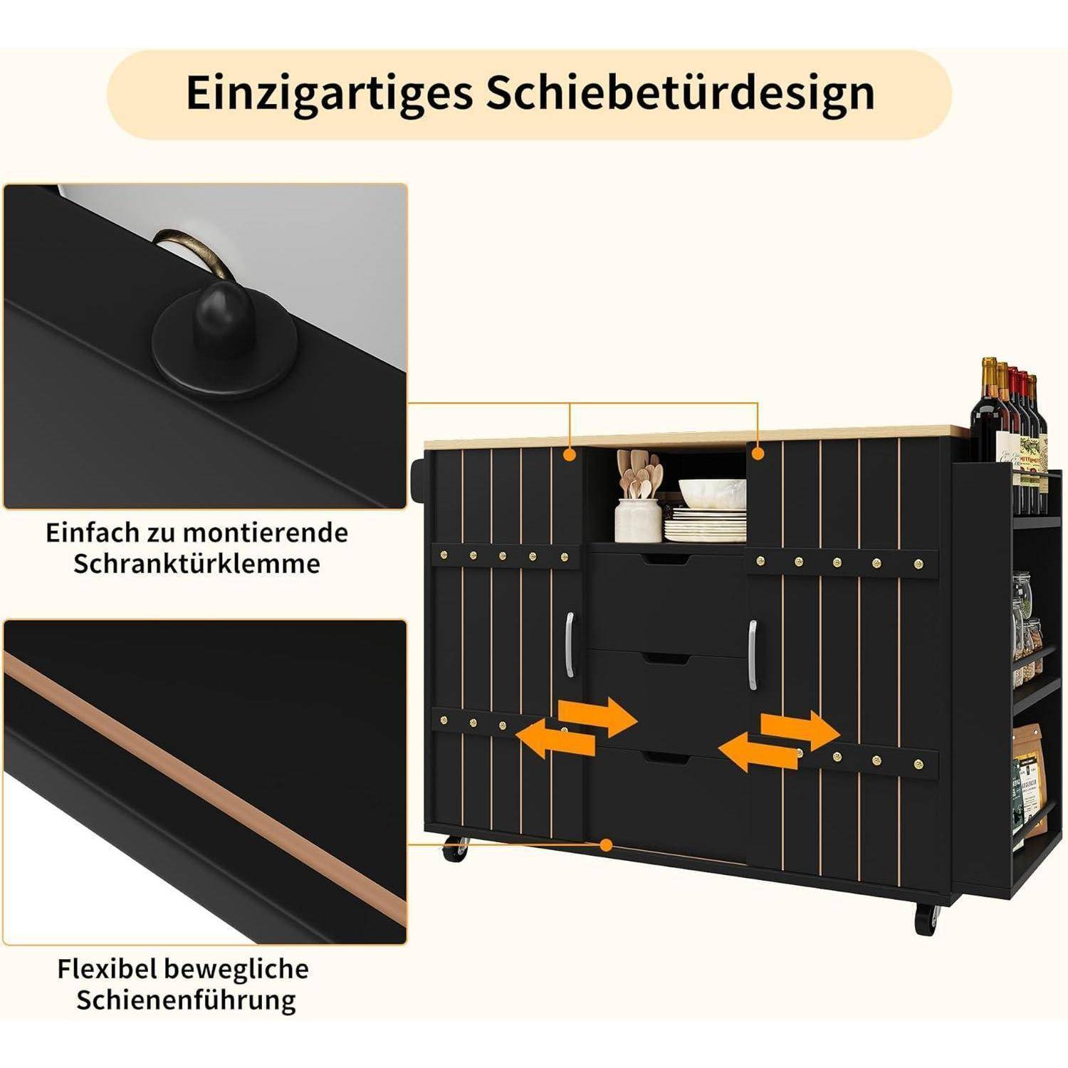 Abbildung eines Schiebetürkabinettsystems mit dem Titel „Einzigartiges Schiebetürdesign", das einfach zu montierende Türklemmen und flexible Schienführung zeigt.
