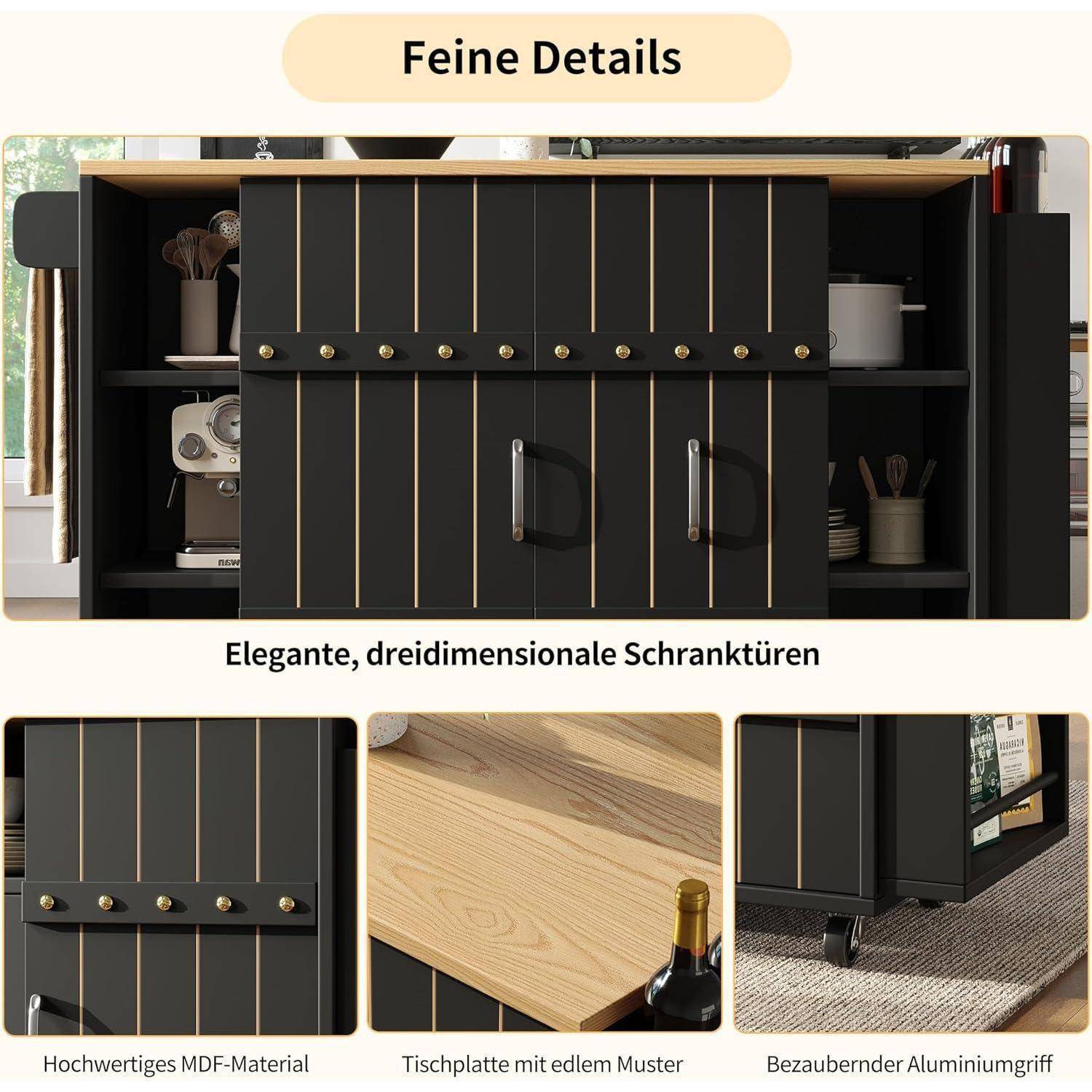 Küchenschrank mit schwarzen dreidimensionalen Türen, Goldakzenten und Aluminiumgriffen, offen gezeigt, um Regale und Schubladen zu enthüllen; eingefügte Nahaufnahmen heben MDF-Material und gemusterter Holzoberseite hervor.
