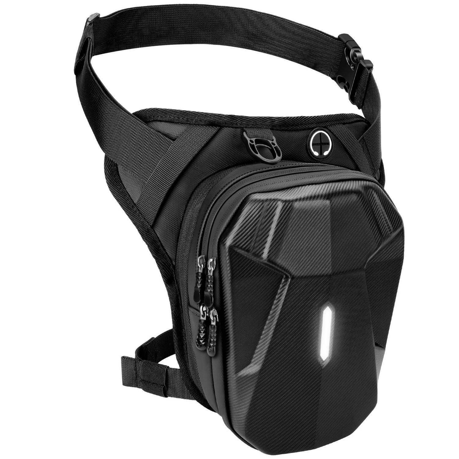 Schwarze taktische Beintasche mit verstellbaren Hüft- und Oberschenkelriemen, Frontreißverschlusstasche und leuchtender vertikaler LED-Streifen auf der Hartschalenklappe.