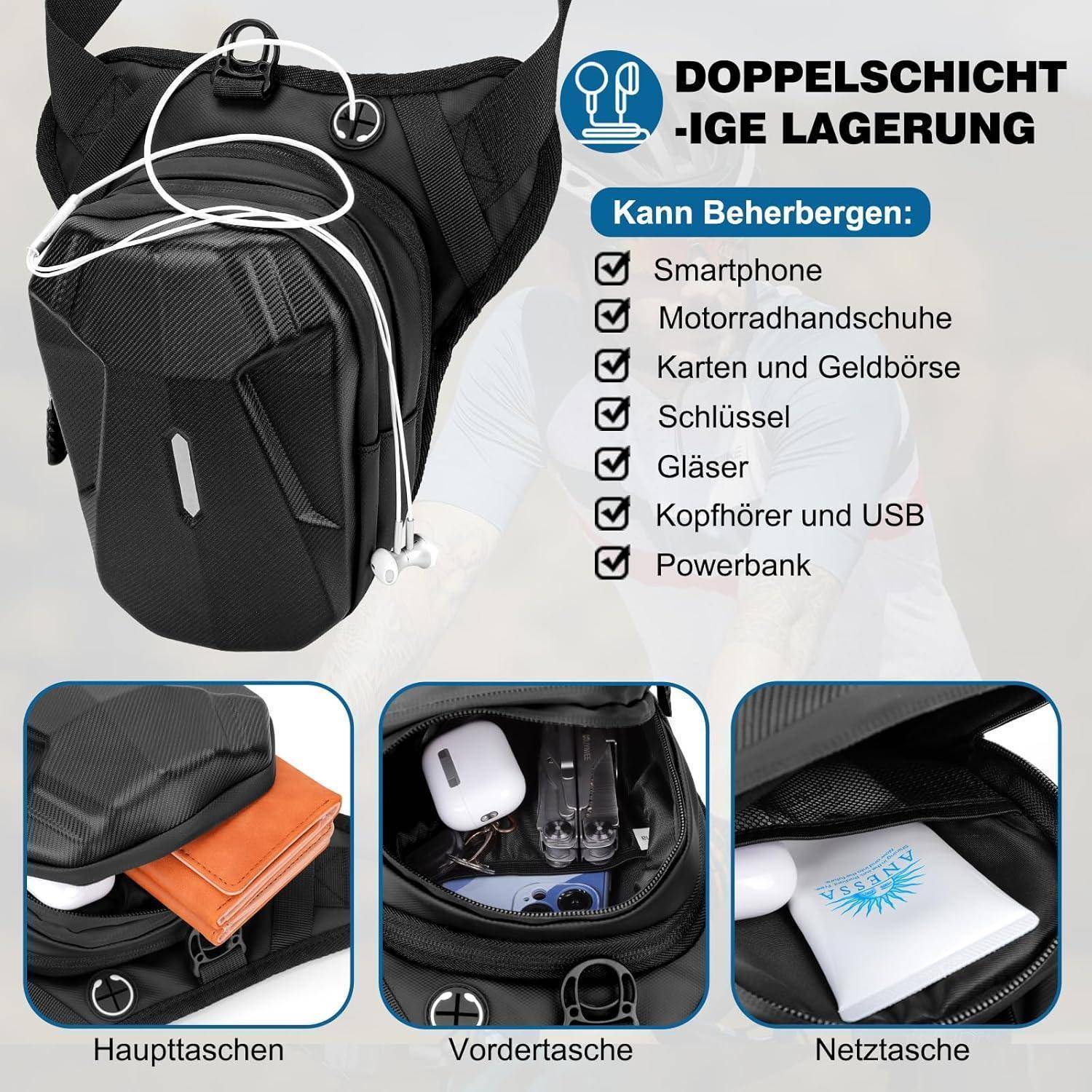 Schwarze Motorrad-Beintasche mit doppeltem Stauraum; deutscher Text besagt, dass sie Smartphone, Handschuhe, Karten, Schlüssel, Brille, Kopfhörer, USB und Powerbank aufnehmen kann.