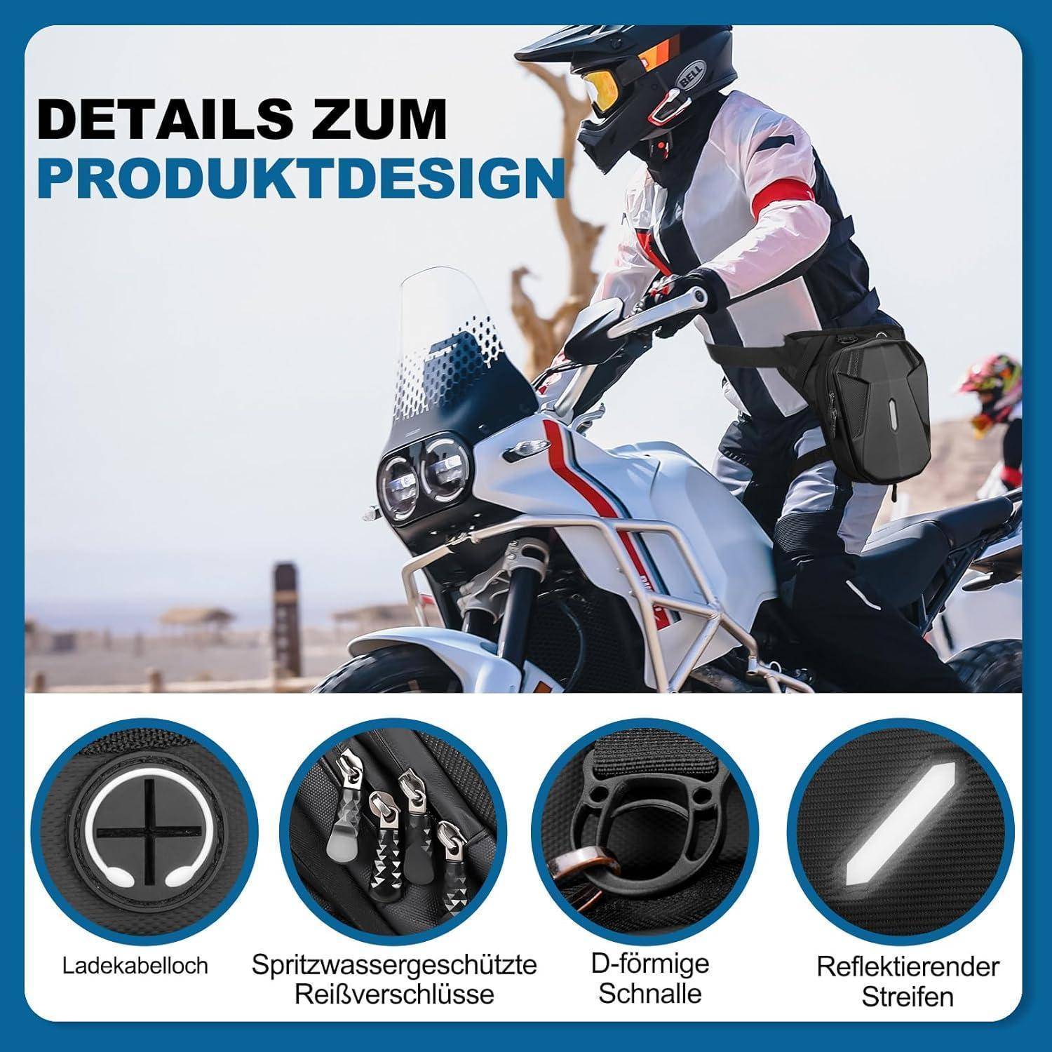 Motorradfahrer auf einem weißen Motorrad mit deutscher Überschrift „Details zum Produktdesign"; vier Beschriftungen zeigen Funktionen: Ladeanschlussloch, wasserdichte Reißverschlüsse, D-förmige Schnalle, reflektierender Streifen.
