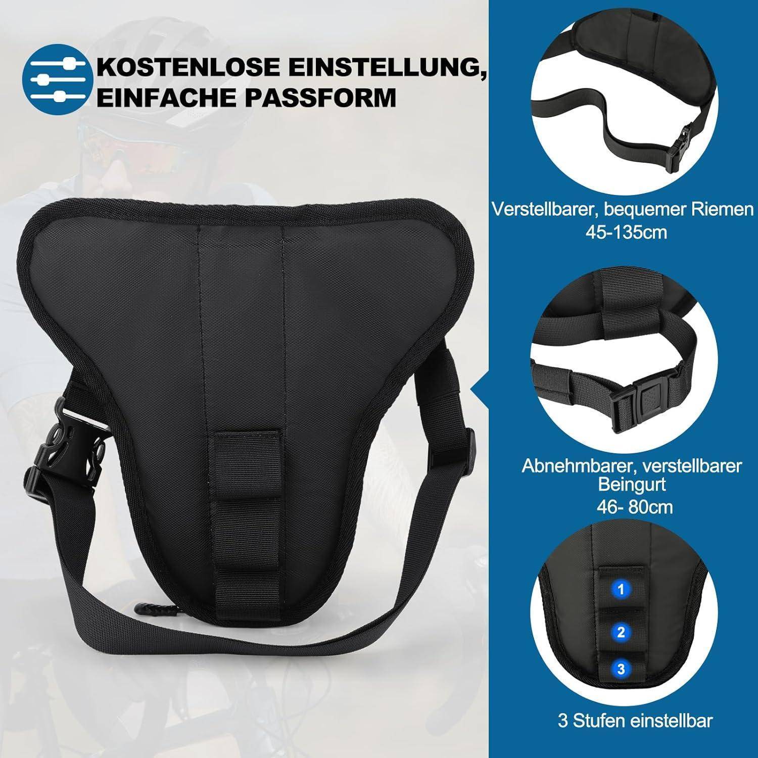 Schwarze tragbare Unterstützungsweste mit verstellbarem Schultergurt und abnehmbarem Beingurt; deutsche Etiketten heben freie Passformverstellung und 3-Stufen-Verstellung hervor.