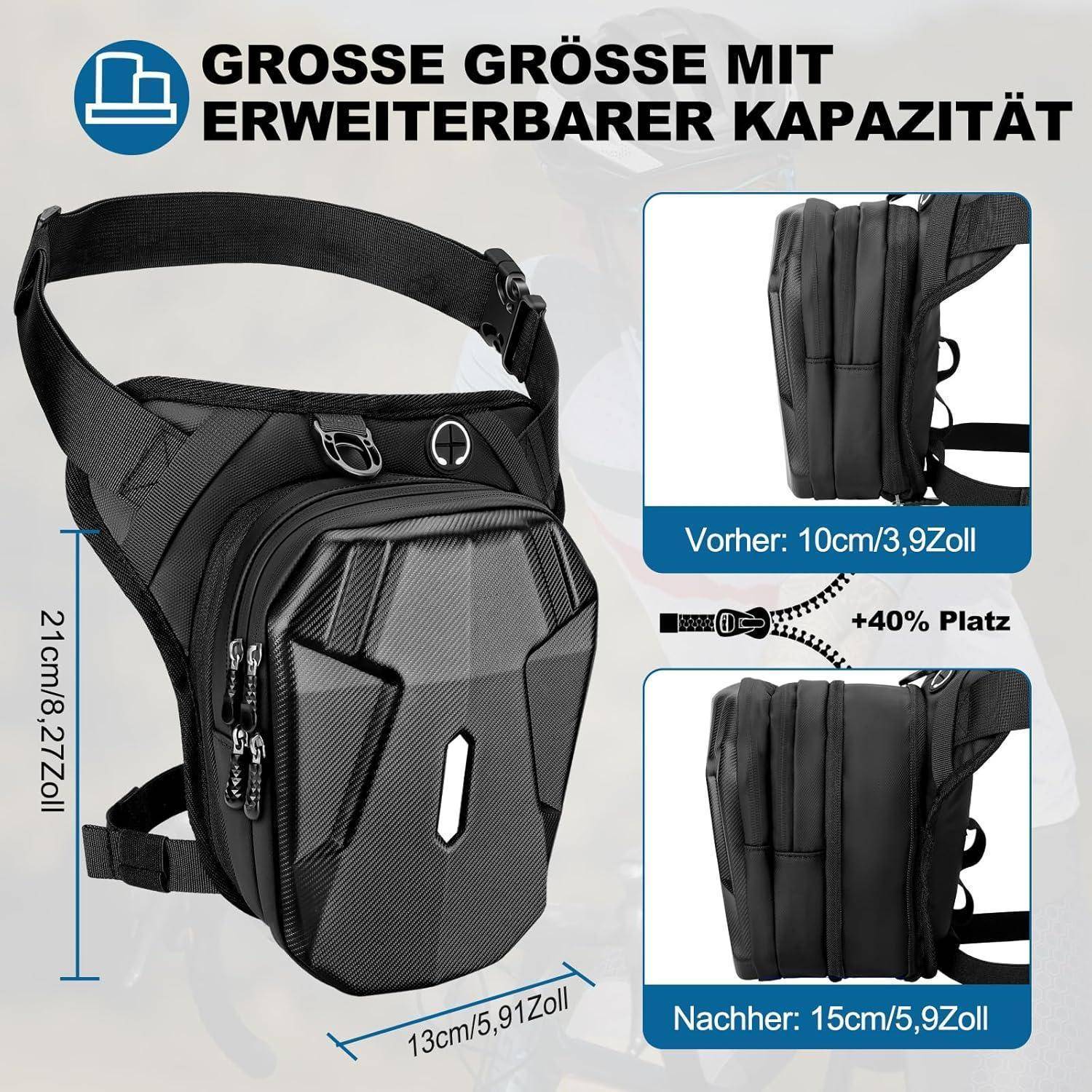 Werbegrafik einer schwarzen Umhängetasche mit erweiterbarem Fassungsvermögen, die die Größenzunahme von 10 cm auf 15 cm zeigt und „+40% Platz" mit nebeneinander angeordneten Vorher- und Nachher-Ansichten.