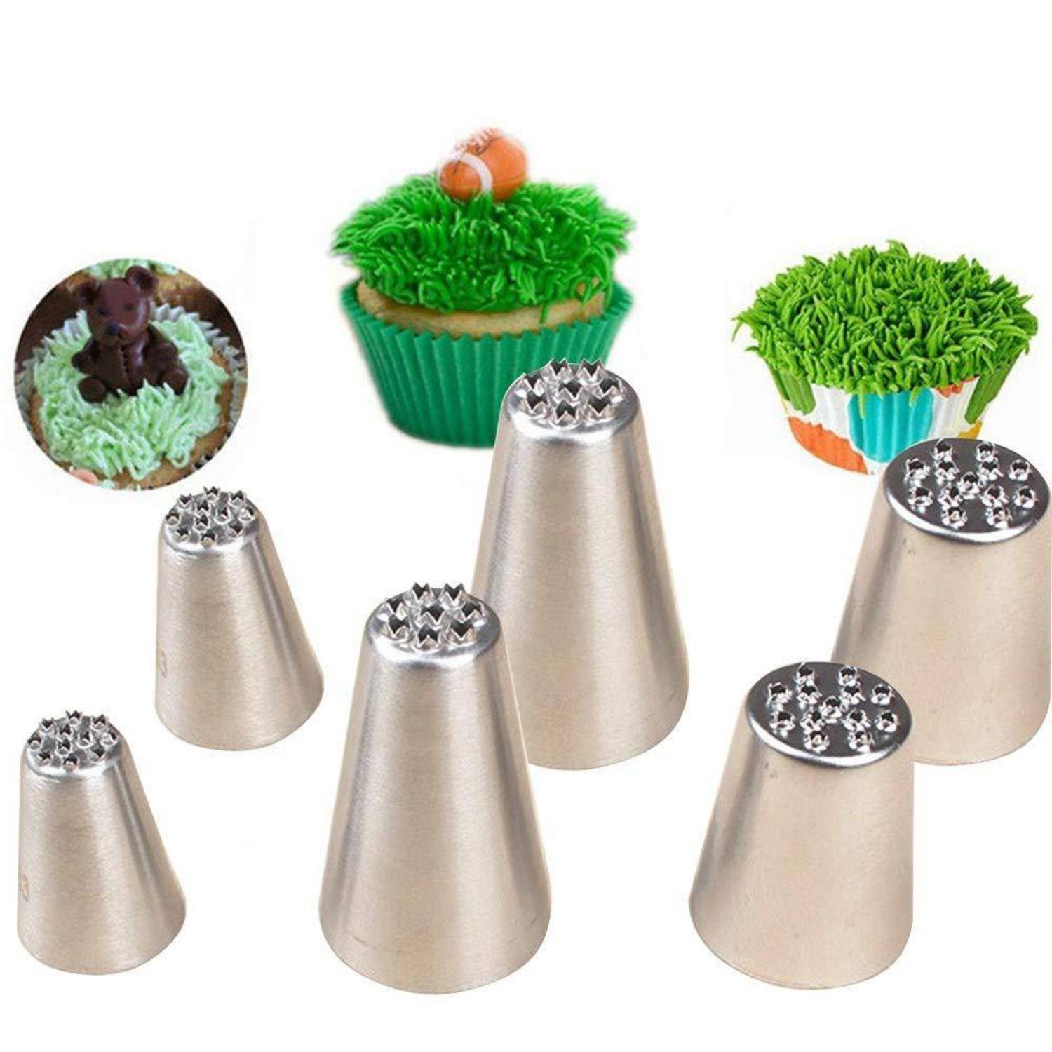 Satz von Metalldekorationsdüsen zum Verzieren von Cupcakes, gezeigt mit Beispiel-Cupcakes mit Zuckerglasur, die verschiedene Glasureffekte demonstrieren.