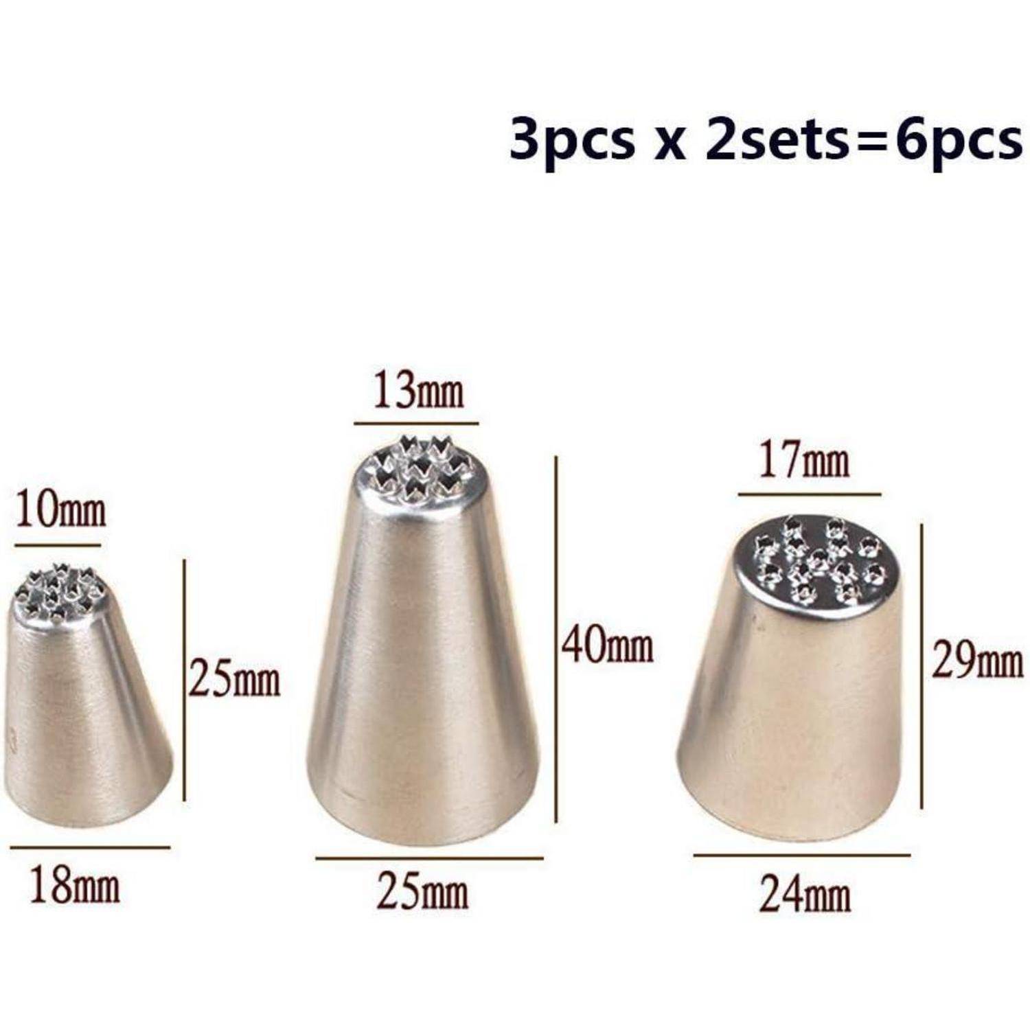 Produktbild mit drei Metallrohrvorsätzen in je zwei Größen, beschriftet mit 10mm/18mm/25mm, 13mm/25mm/40mm und 17mm/24mm/29mm, mit Text „3 Stück x 2 Sätze = 6 Stück
