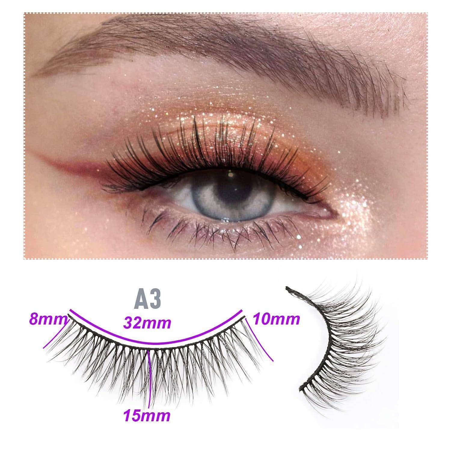 Nahaufnahme eines Auges mit glitzerndem Lidschatten, mit einem Diagramm für künstliche Wimpern mit der Bezeichnung A3, das Längen von 8 mm, 10 mm, 15 mm und 32 mm zeigt.