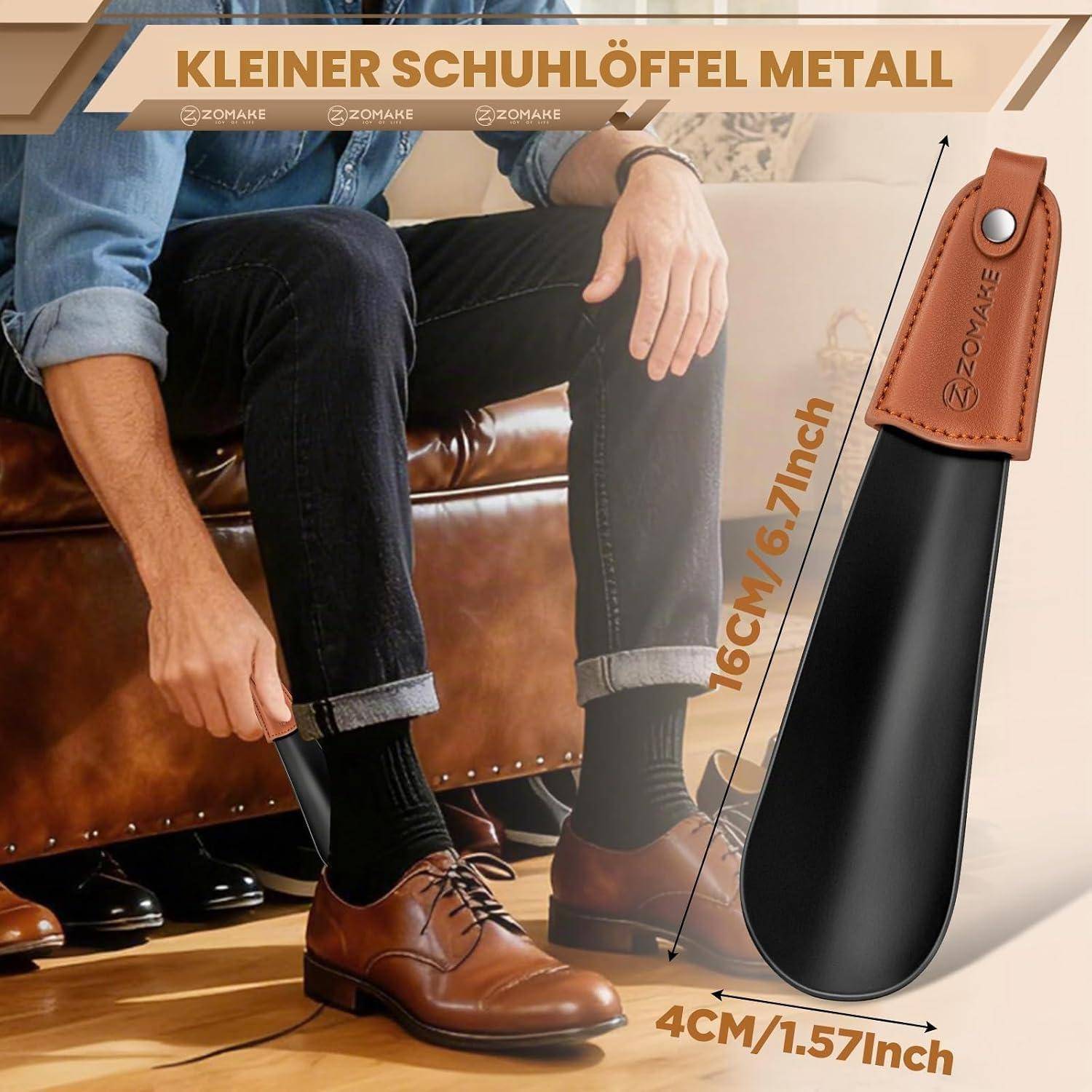 ZOMAKE Schuhanzieher klein 17cm Edelstahl 2er Set Schwarz mit PU-Hülle