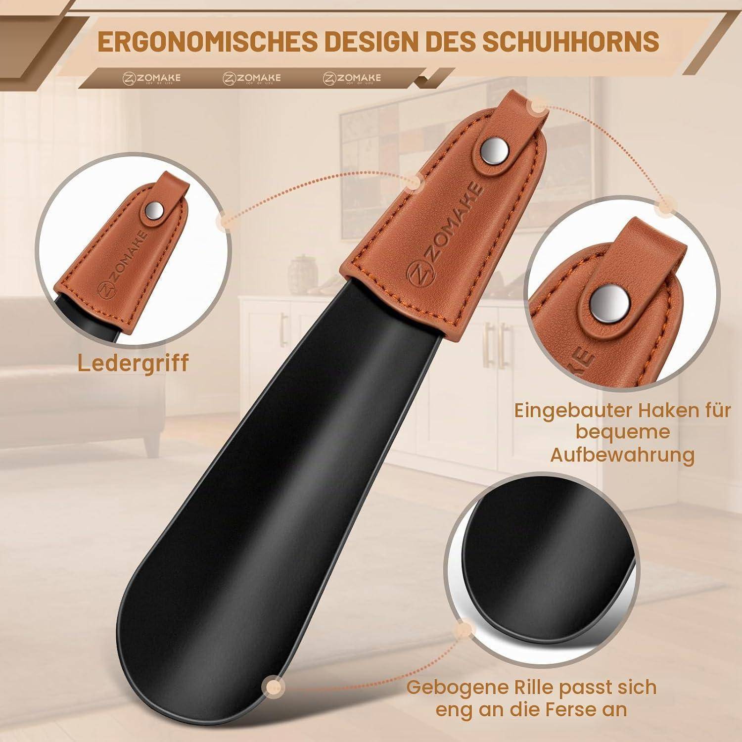 Abbildung eines Schuhanziehers mit Ledergriff, eingebautem Aufhängehaken und geschwungener Rille zum Anpassen an die Ferse; gekennzeichnet mit „ERGONOMISCHES DESIGN DES SCHUHHORNS".