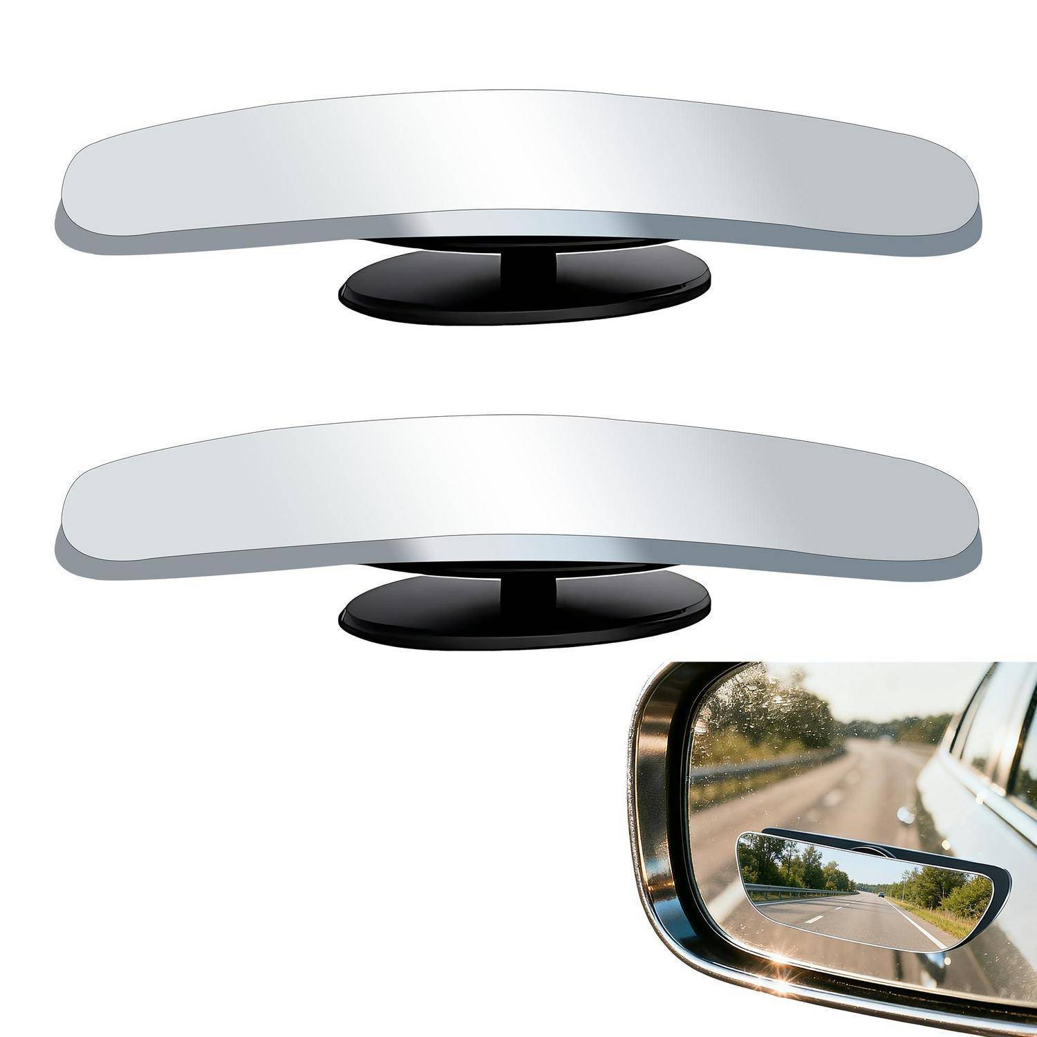 Zwei Rückspiegelformen, die über einem Autoseitenspiegel angezeigt werden, der die Straße dahinter reflektiert, und die Spiegeldesign und Sichtbarkeit toter Winkel veranschaulichen.