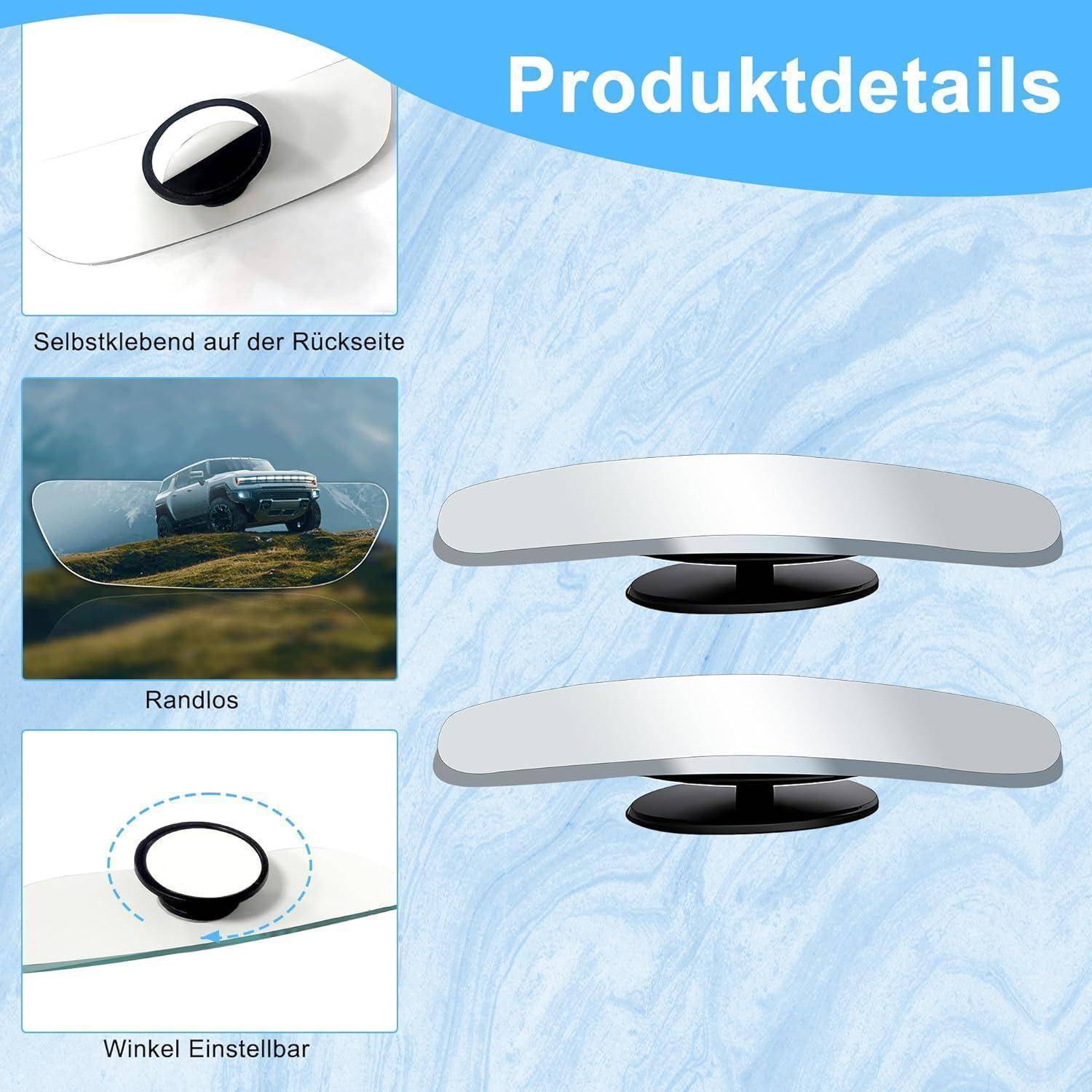 Produktdetails für eine magnetische Autohaltung: selbstklebende Rückseite, nahtloses Aussehen und verstellbarer Winkel, gezeigt mit zwei Halterungsansichten.