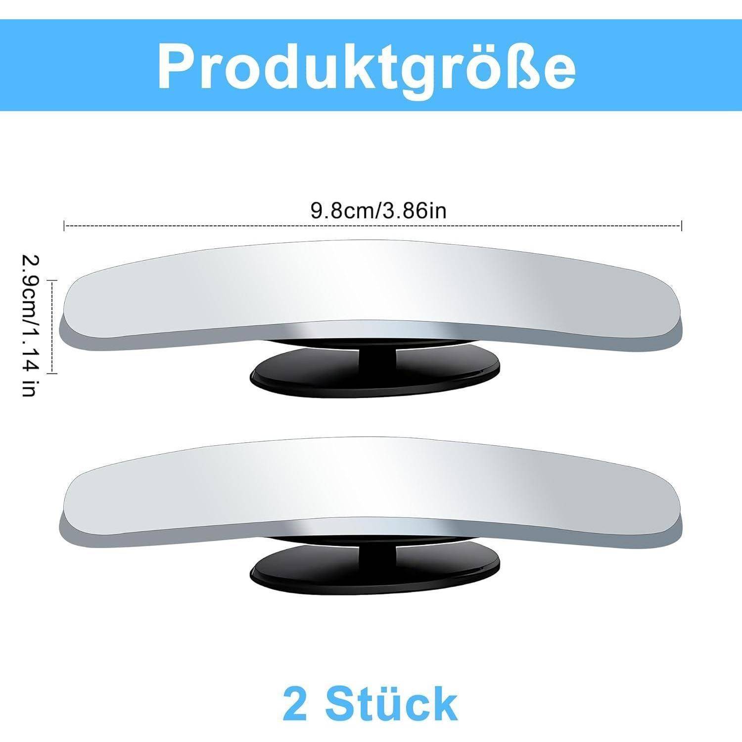 Produktgrößendiagramm mit zwei gebogenen grauen Fußstützen mit schwarzen Basen; beschriftet mit 9,8 cm breit und 2,9 cm hoch, „2 Stück