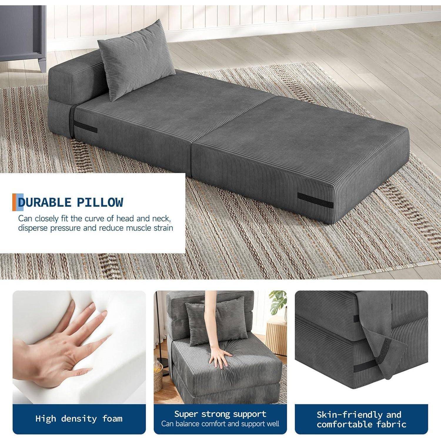 Graues ausklappbares Schlafsofa mit Kissen, gezeigt in einem Wohnzimmer, das haltbare Kissenunterstützung, hochdichtem Schaum, starker Unterstützung und hautfreundlichem Stoff hervorhebt.