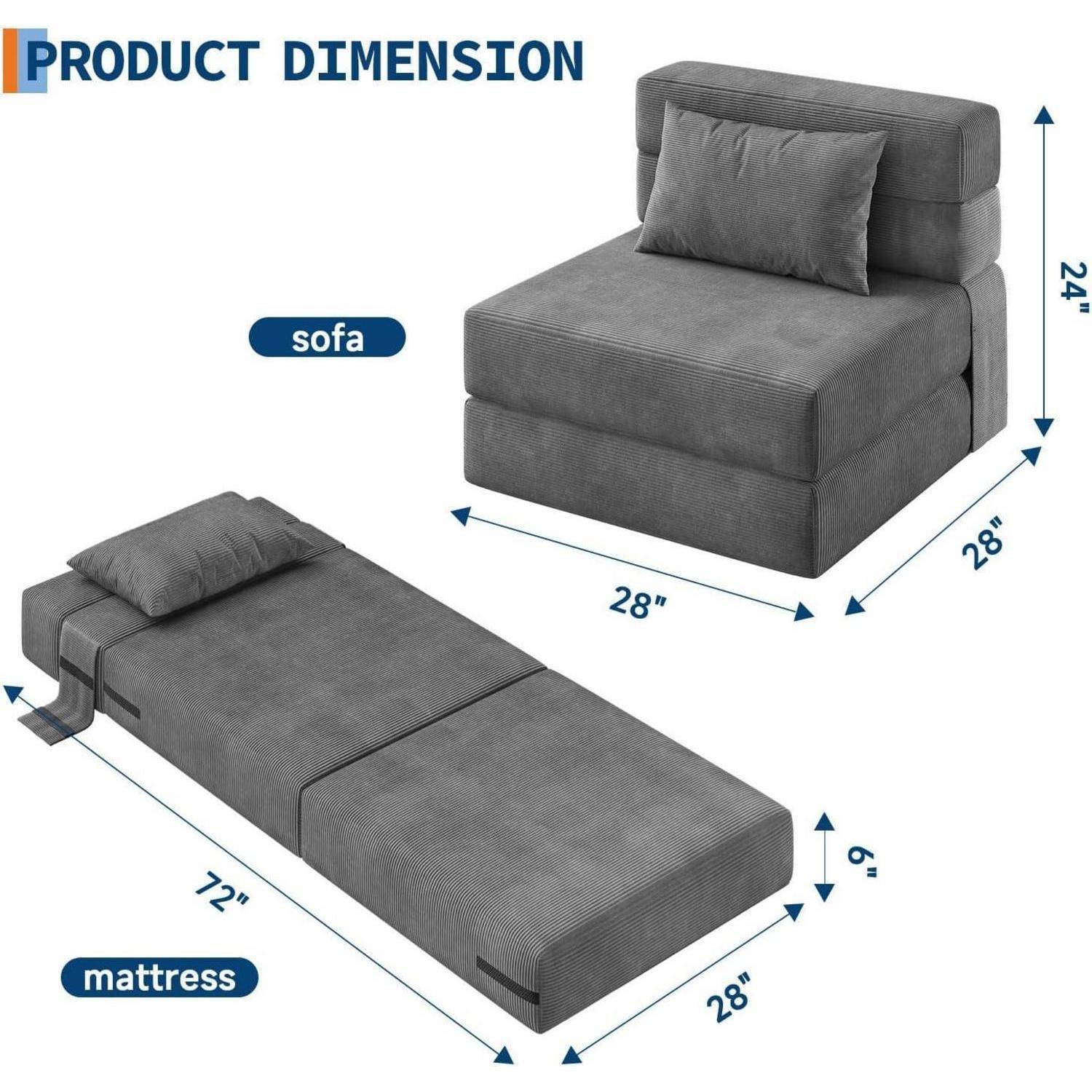 Produktdimensionsdiagramm mit einem grauen Funktionssofa und einer Matratze: Das Sofa misst 28 x 28 x 24 Zoll; die Matratze misst 72 x 28 x 6 Zoll.
