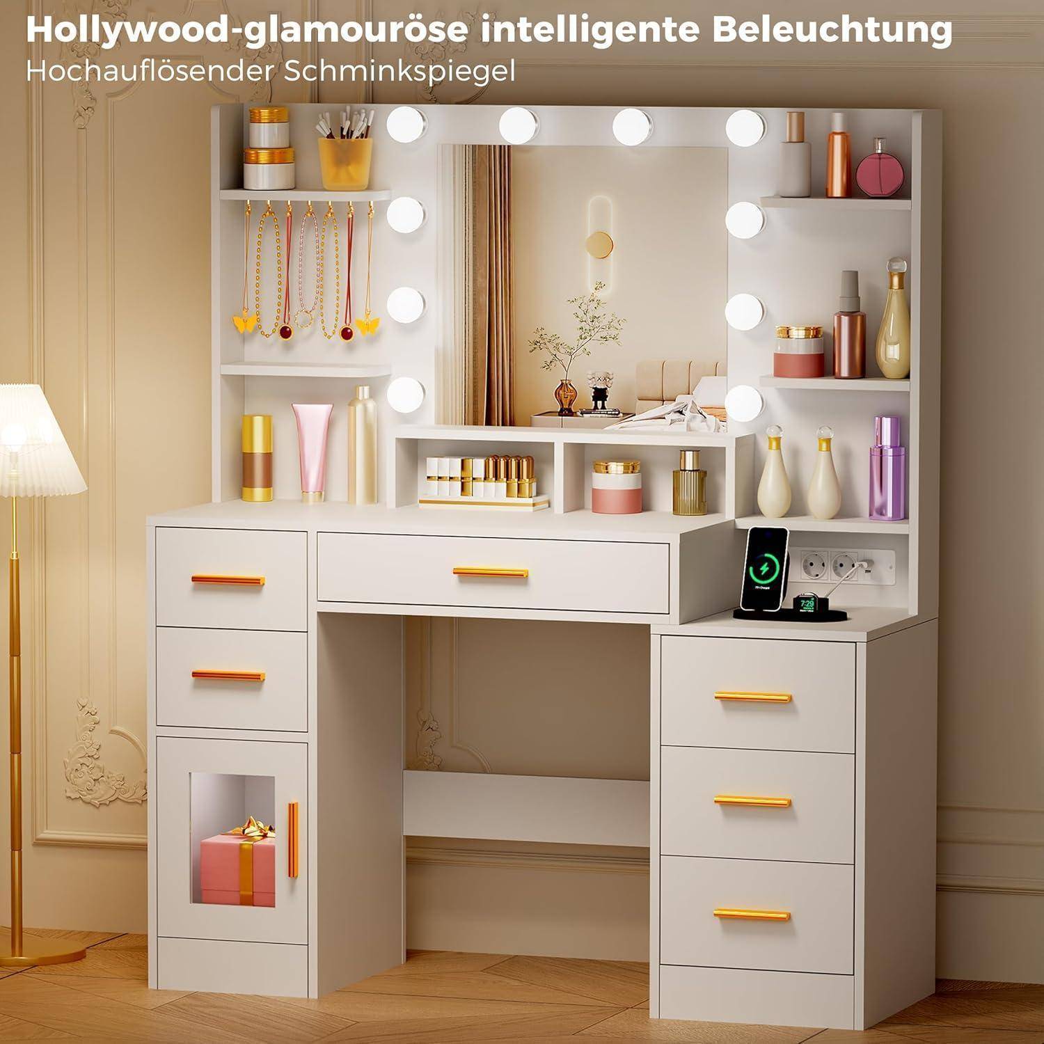 Weißer Hollywood-Stil Frisiertisch mit Spiegellicht, Schubladen, Regalen und Kosmetiklagerung im Schlafzimmer