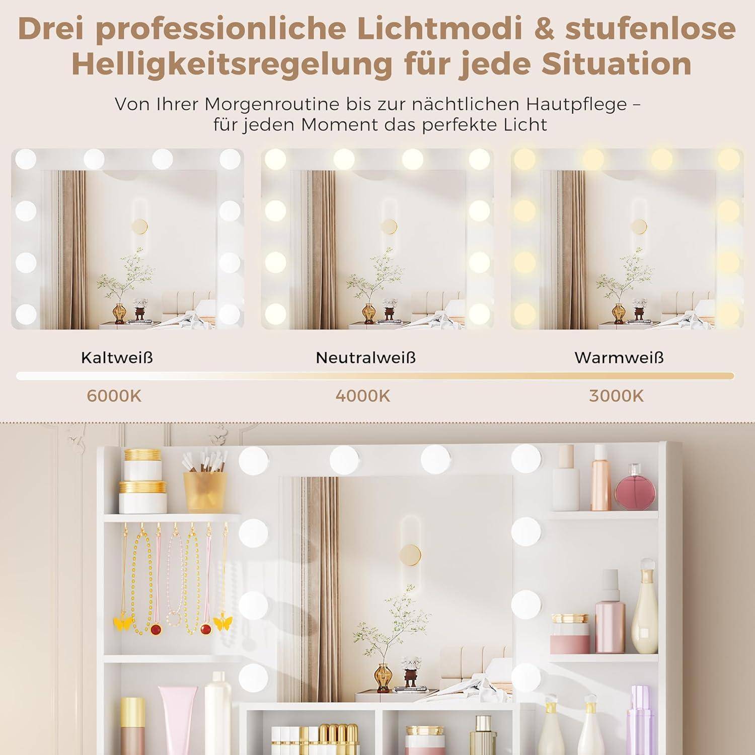 Schminktisch mit LED Beleuchtung, USB, großem Spiegel, Schubladen