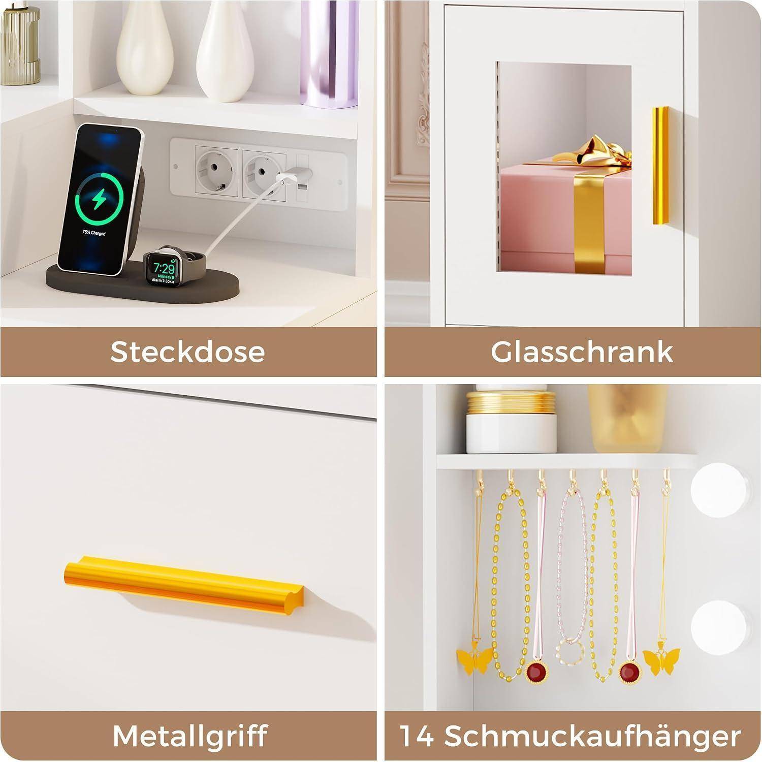 Vierteiliges Produktkollage-Bild zeigt eine kabellose Ladesteckdose, einen Spiegelschrank mit gelbem Griff, einen gelben Metallgriff und 14 Schmuckaufhänger.