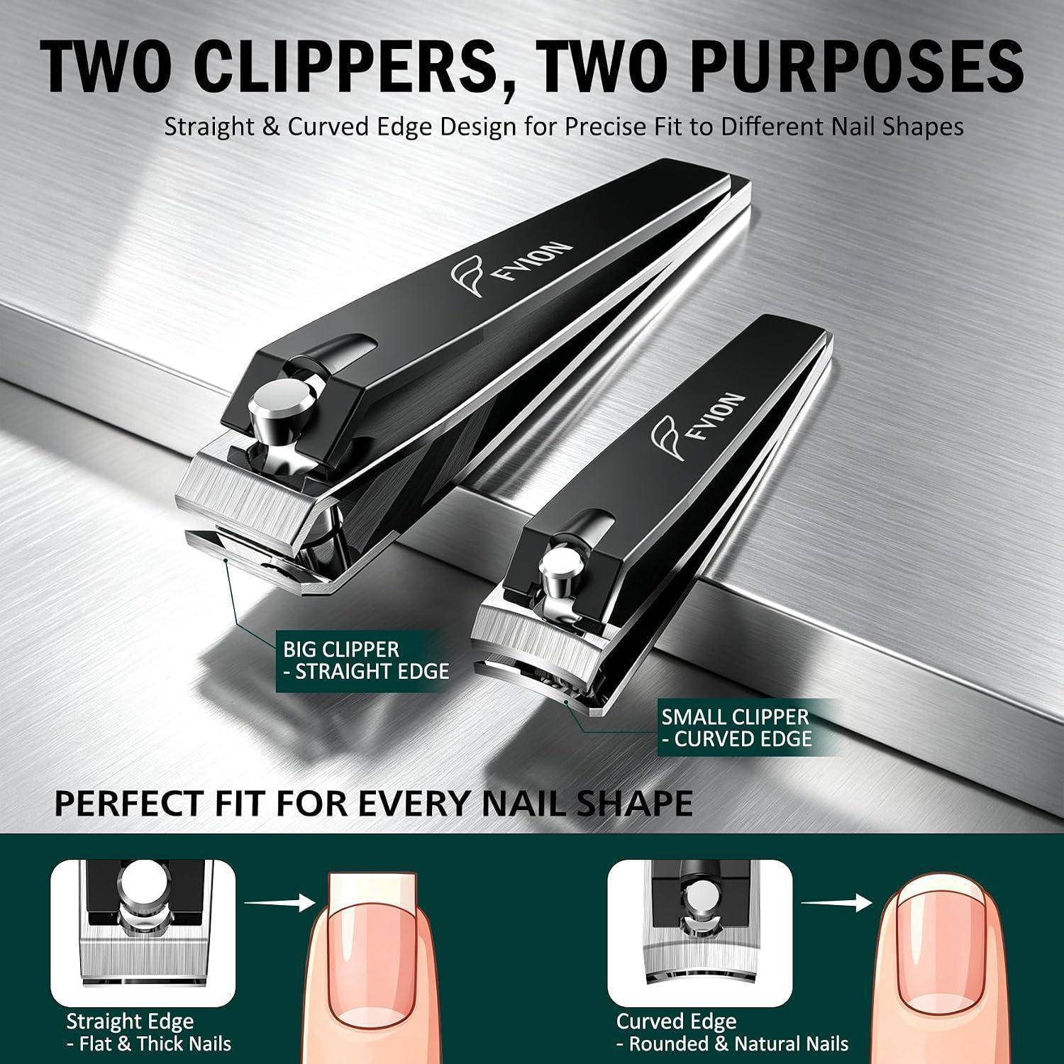 Werbegrafik mit zwei Nagelclippern: ein großer Clipper mit gerader Kante für flache und dicke Nägel und ein kleiner Clipper mit gekrümmter Kante für natürliche Nägel, mit dem Text „Zwei Clipper, zwei Zwecke" und „Perfekte Passform für jede Nagelform"".