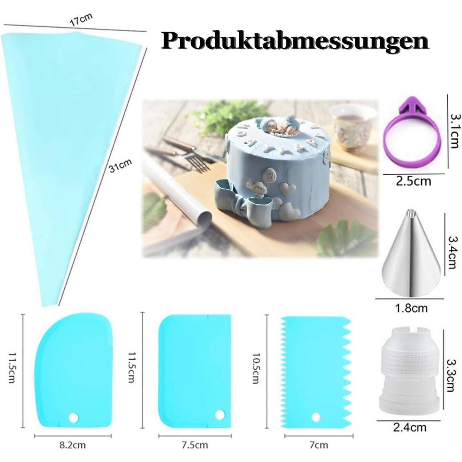 Produktabmessungen Diagramm mit Größenangaben für Kuchendekorierwerkzeuge: blaues dreieckiges Blatt 17 cm × 31 cm; Spachtelteile 11,5 cm, 10,5 cm breit; Ringe und Düsen in den Größen 2,5 cm bis 3,4 cm.
