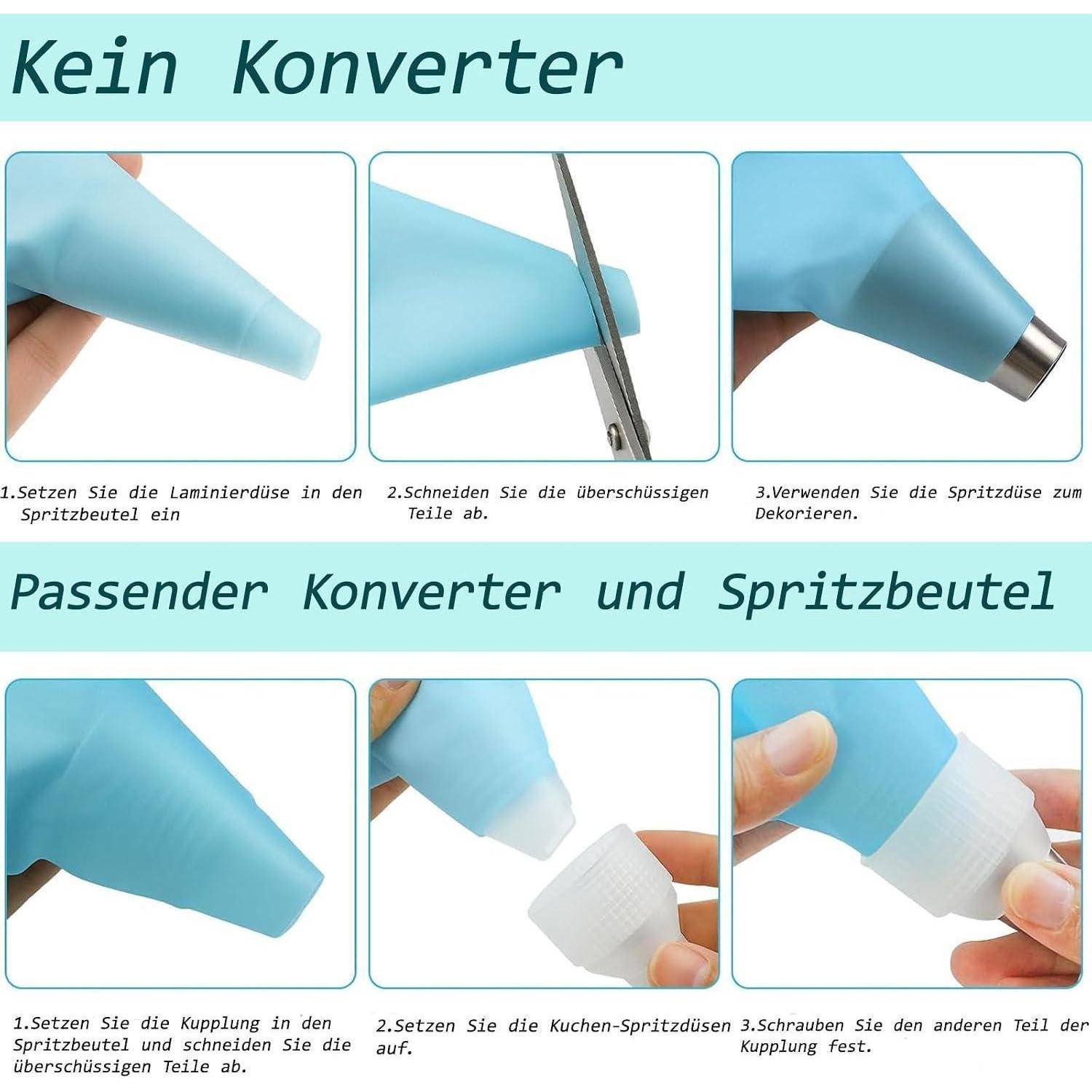 Anleitungsgrafik zur korrekten und falschen Verbindung der Spritzbeutel-Tülle: 'Kein Konverter' und 'Passender Konverter und Spritzbeutel,' mit Schritt-für-Schritt-Fotos.