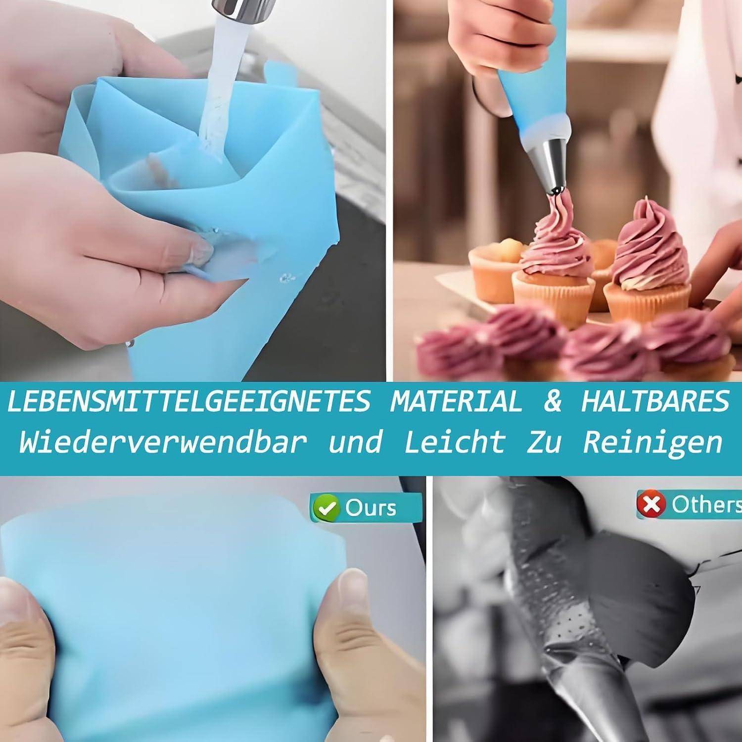 Collage mit einer wiederverwendbaren blauen Silikonspritzbeutel, der gefüllt und zum Spritzen von Glasur auf Cupcakes verwendet wird, wobei lebensmittelsicheres, langlebiges und leicht zu reinigendes Material hervorgehoben wird.