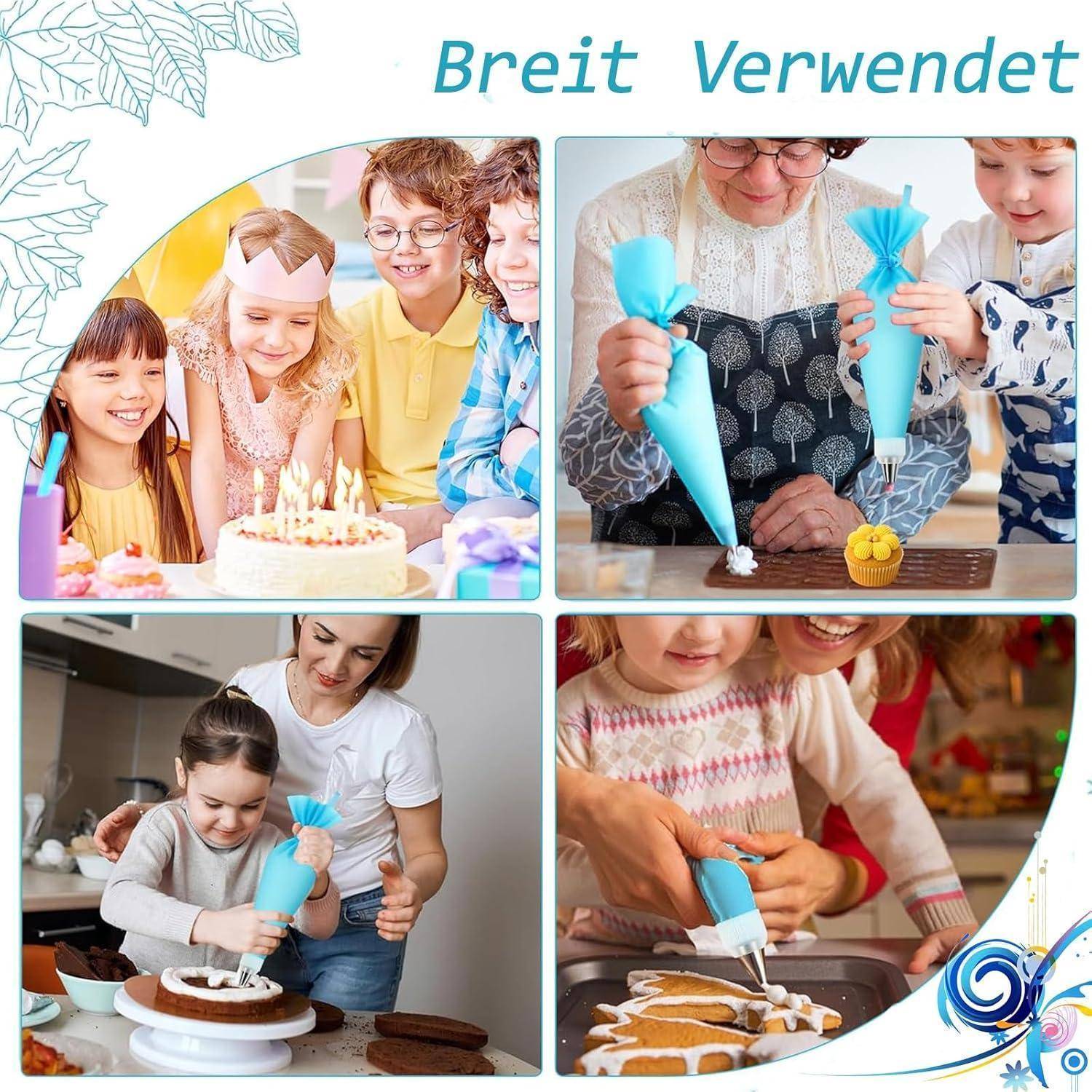 Collage von Kindern und Erwachsenen, die Kuchen und Kekse mit blauen Spritzbeuteln während einer Backaktivität verzieren.