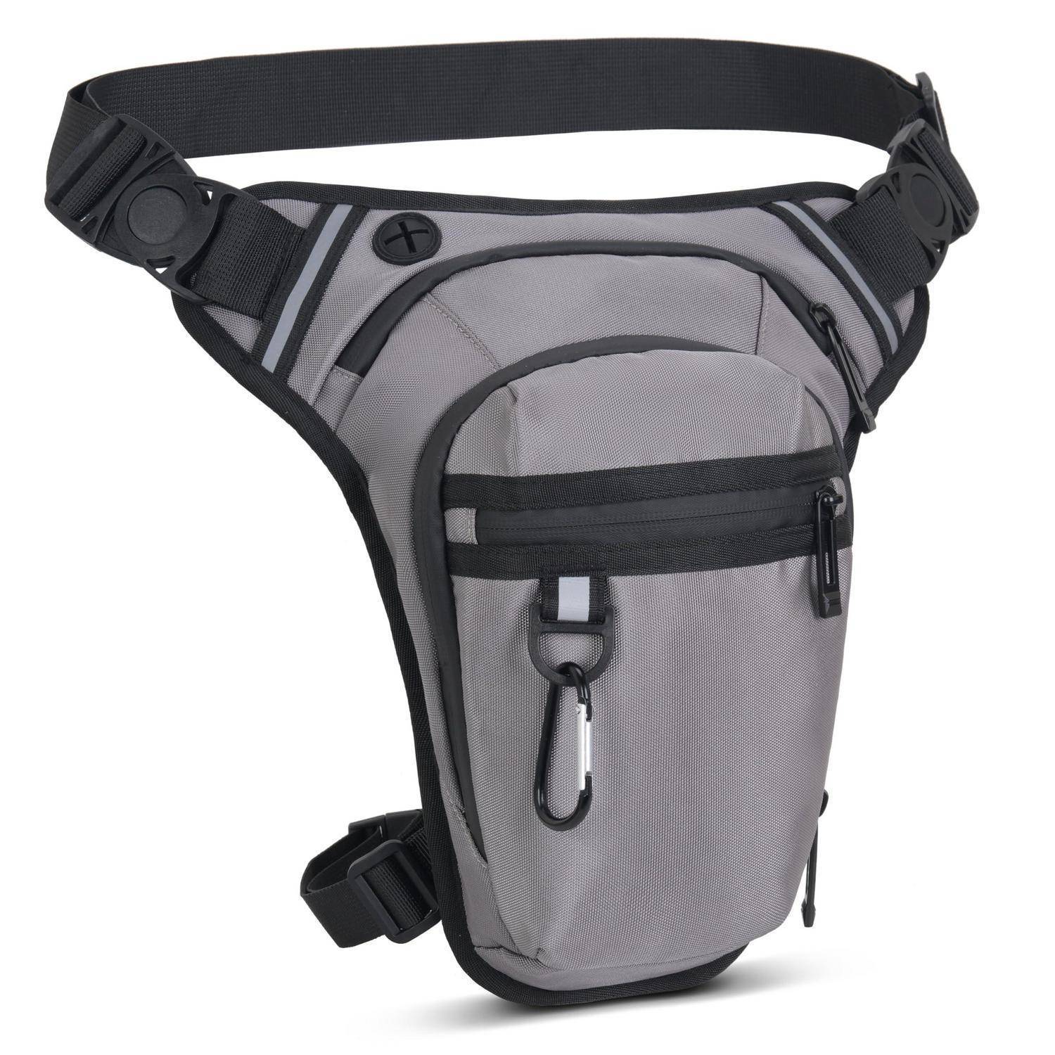 Grau-schwarzes Oberschenkeltasche mit verstellbaren Hüft- und Beinriemen, vorderer Reißverschlusstasche und Clip zum Tragen von kleinen Gegenständen.