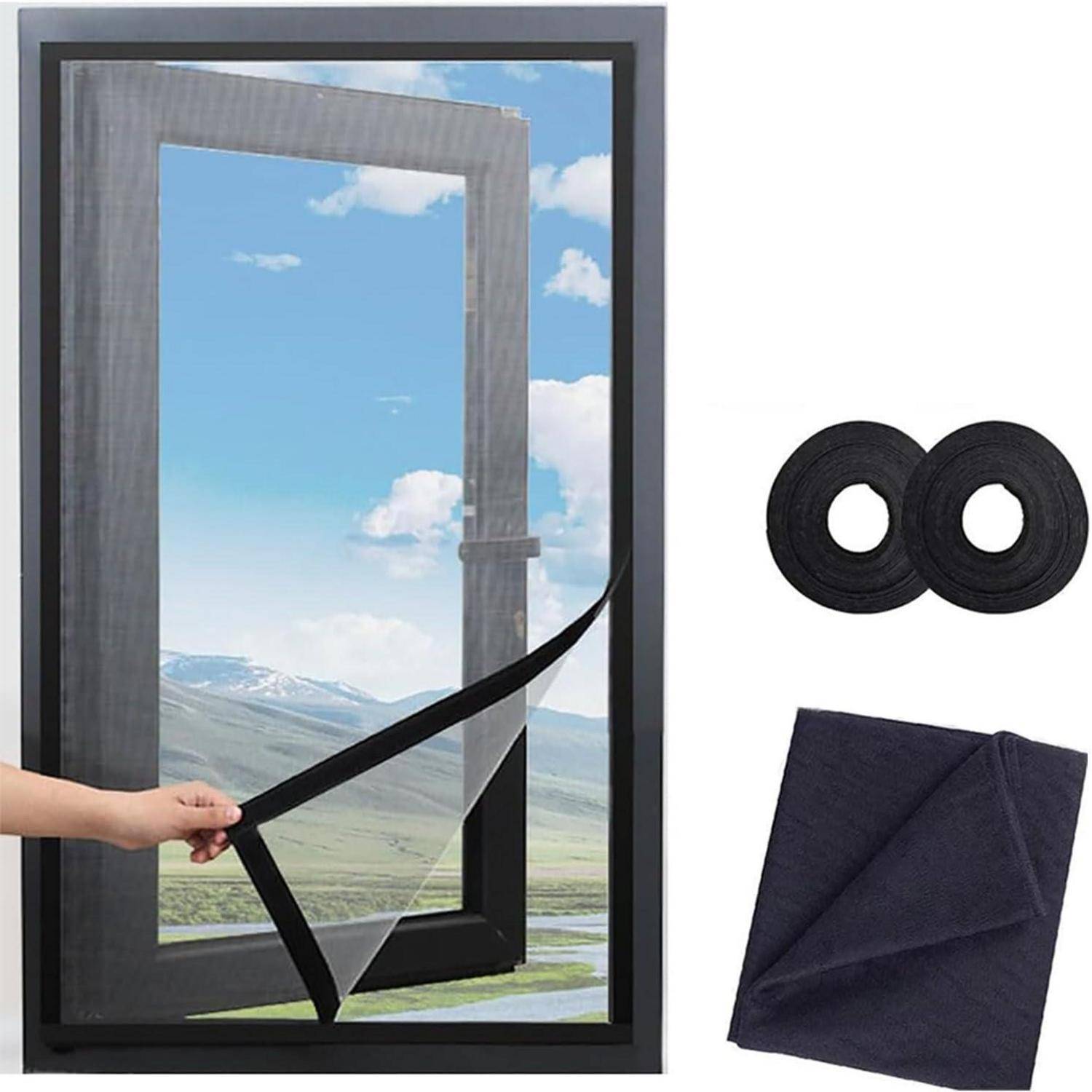 Magnetisches Fliegengitter-Set mit schwarzem Netz, zwei Rolle Streifen und Installationsfoto auf einem Fensterrahmen.
