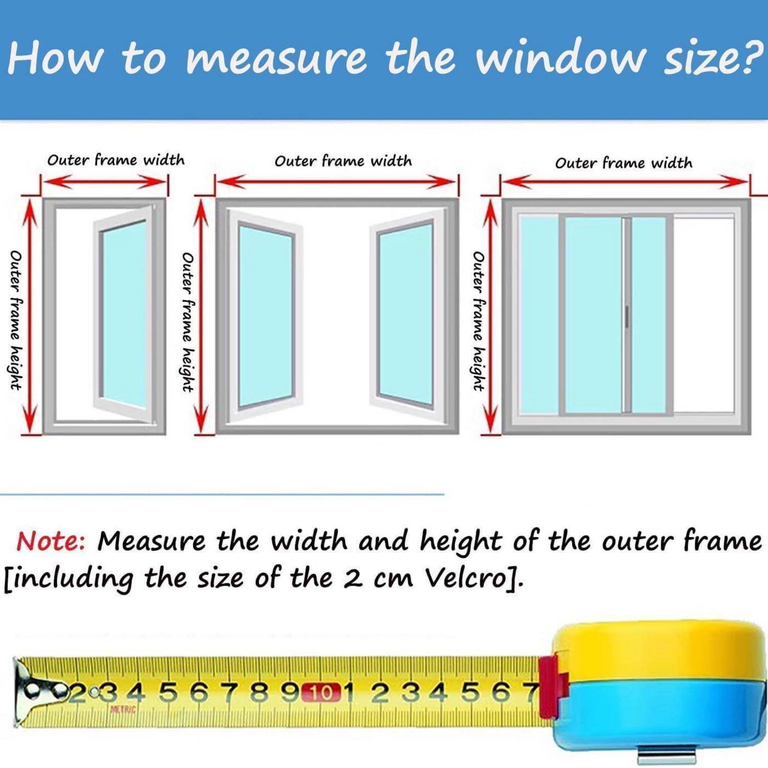 Infografik zeigt, wie man die Fenstergröße durch die Breite und Höhe des äußeren Rahmens misst, mit Pfeilen auf drei Fensterbeispielen und einem Hinweis, 2 cm Klettband einzubeziehen.