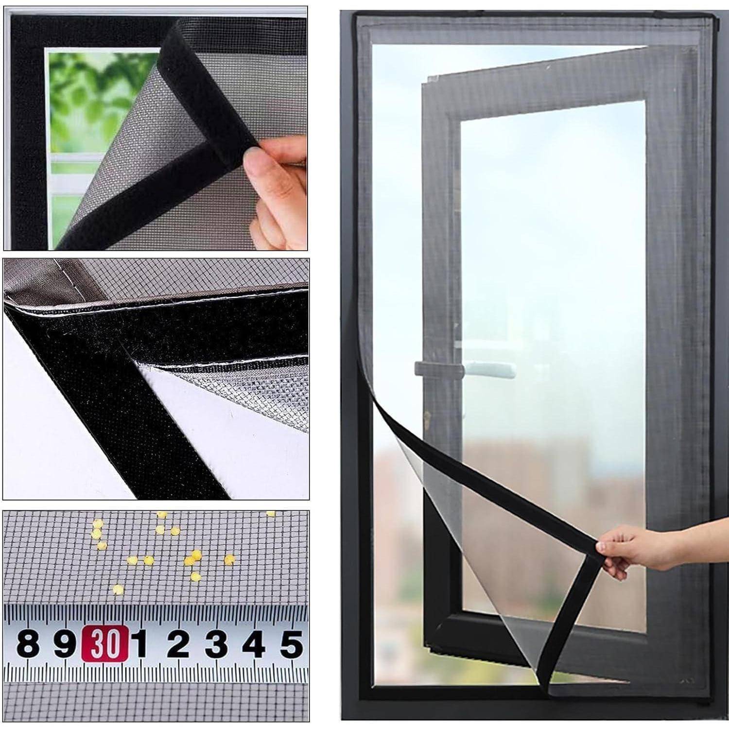 Magnetischer Insektenschutz mit Abziehöffnung an einem Fenster, dargestellt in Nahaufnahmen und Details sowie montiert an einem Tür-/Fensterrahmen.